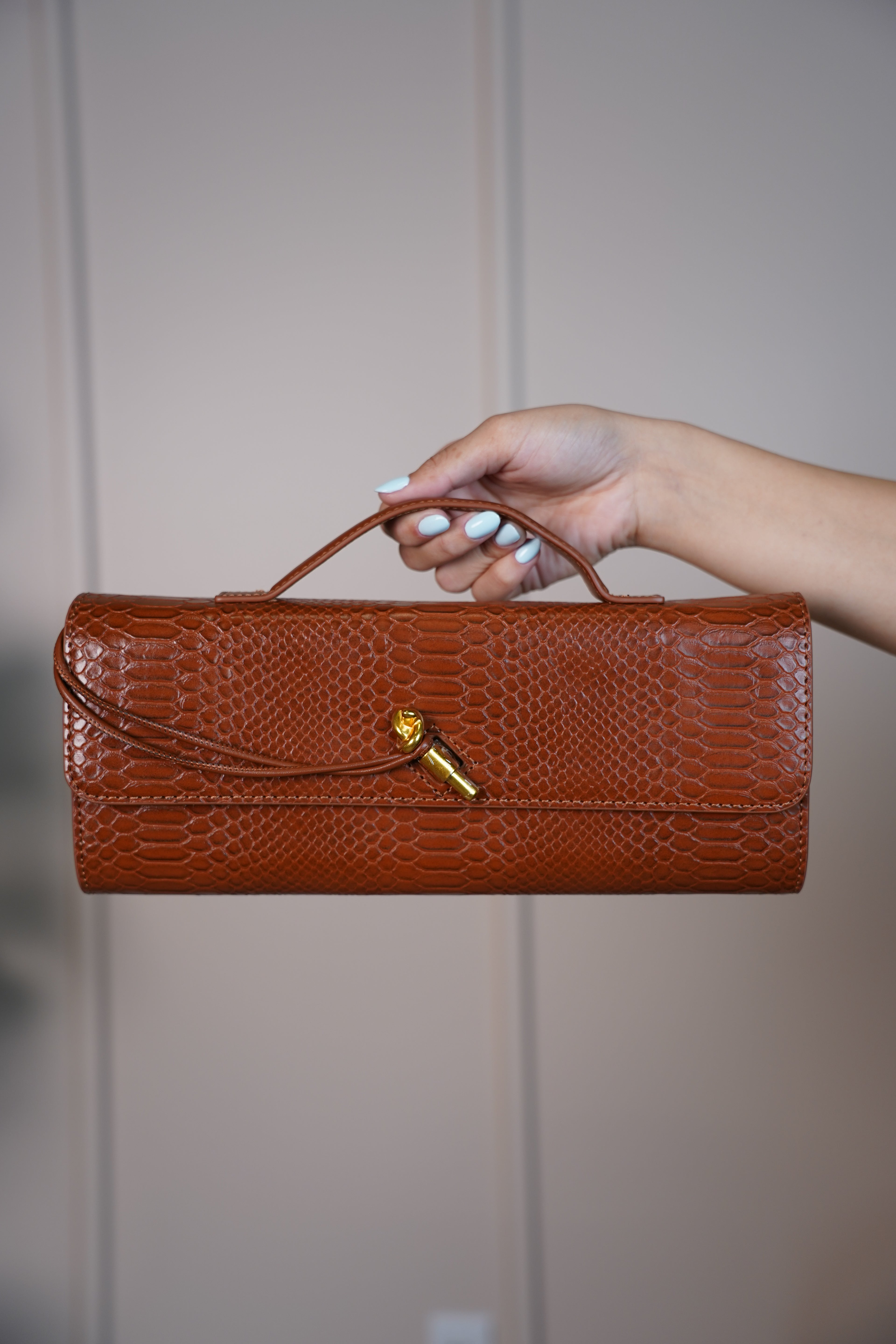 MariaElene Metallic Snake-Embossed Clutch – Structured Handle Bag in 6 Colors - Carema Boutique