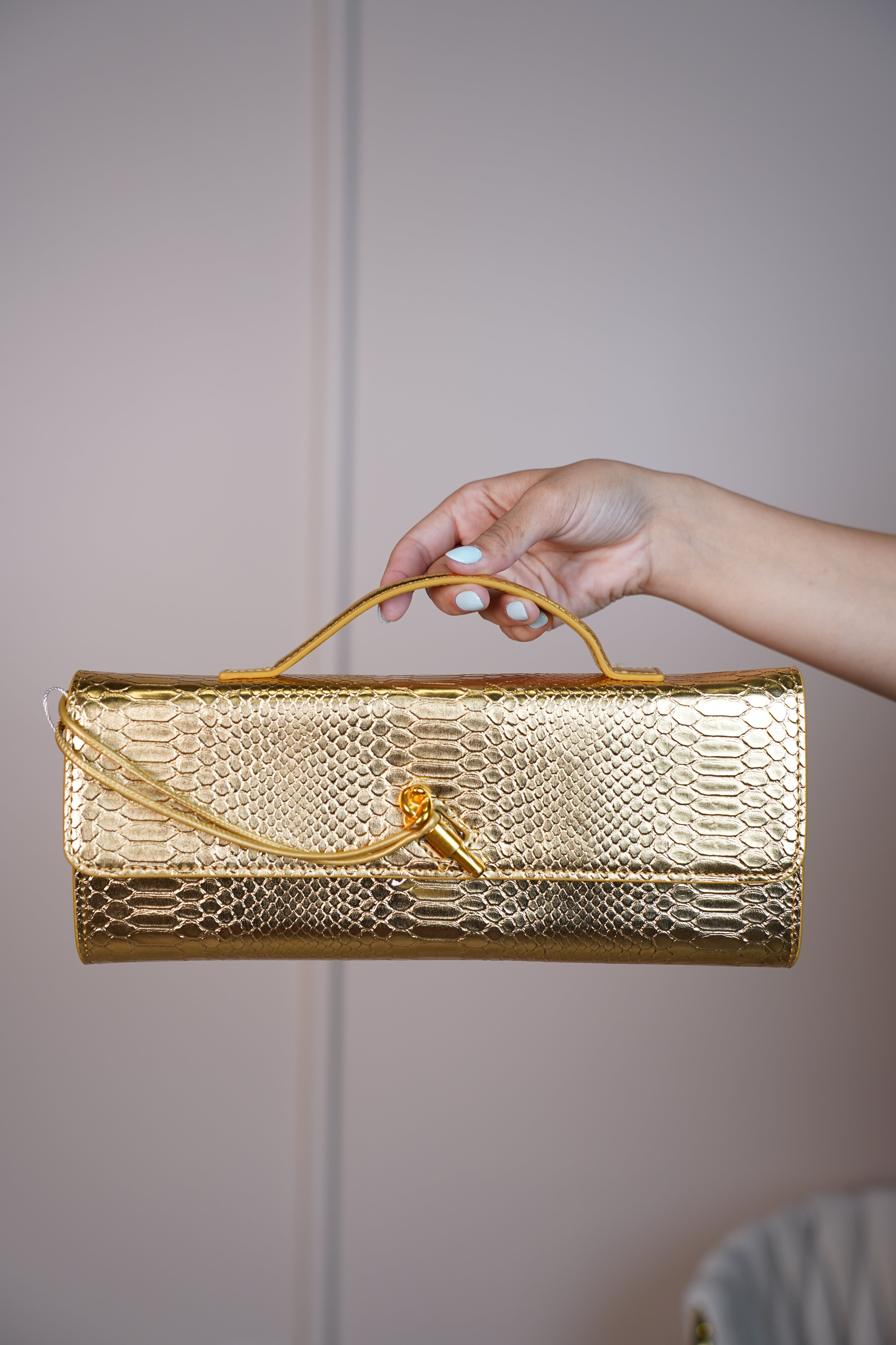 MariaElene Metallic Snake-Embossed Clutch – Structured Handle Bag in 6 Colors - Carema Boutique