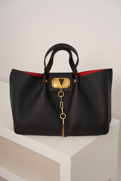 Bolso tote Meliz – Bolso grande de lujo negro con herrajes dorados e interior rojo