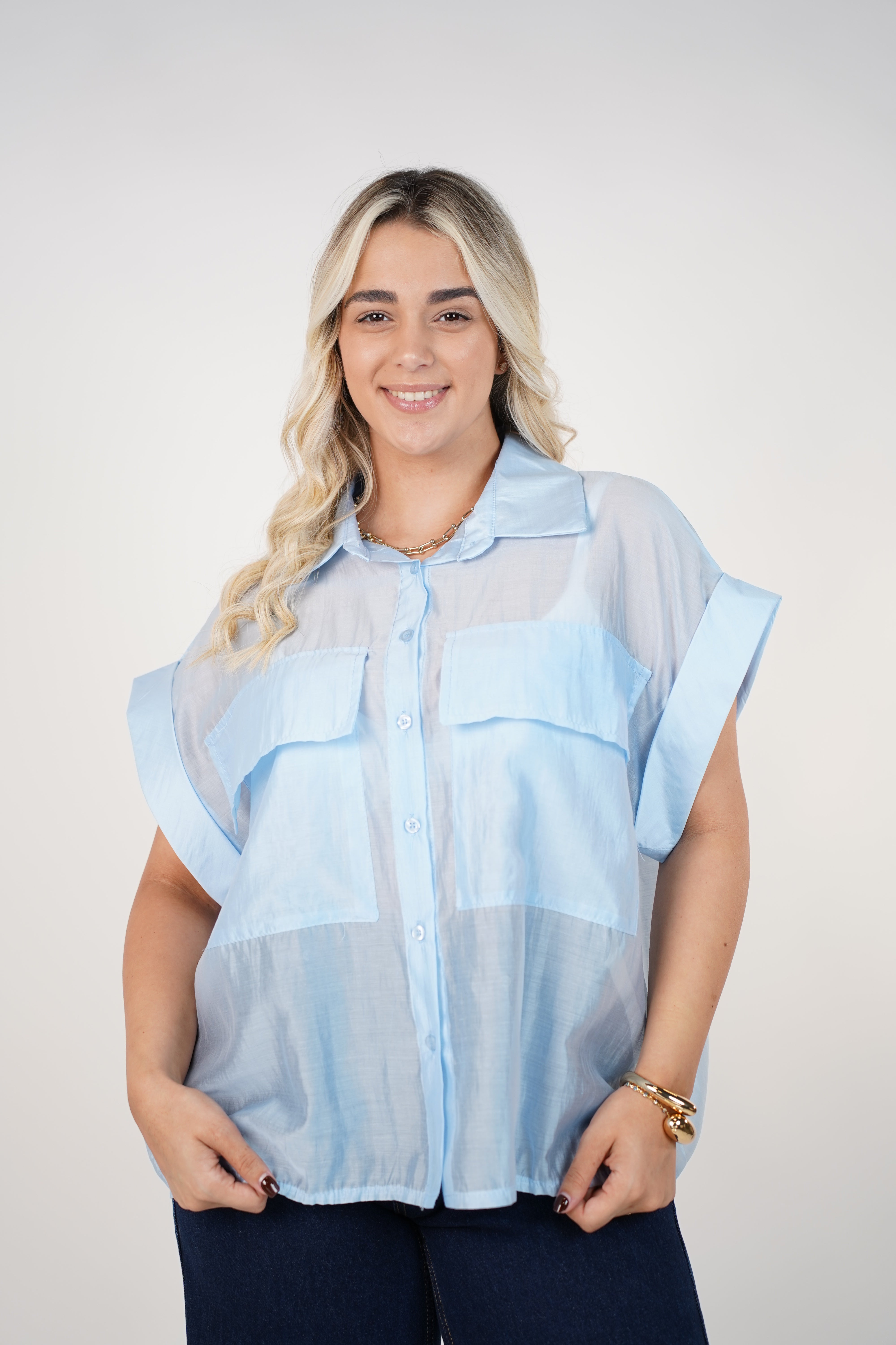 Talira Pockets Button Down – Lightweight Sheer Black Blouse
