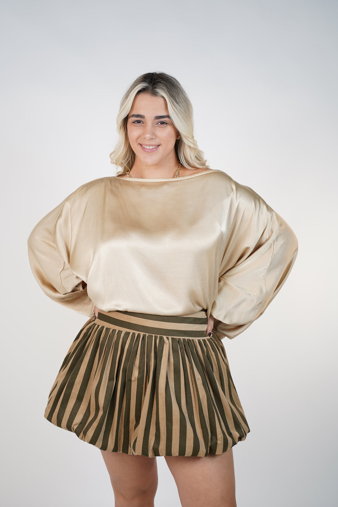 Lucerin Striped Mini Bubble Skirt – Elastic Waist with Soft Voluminous Silhouette