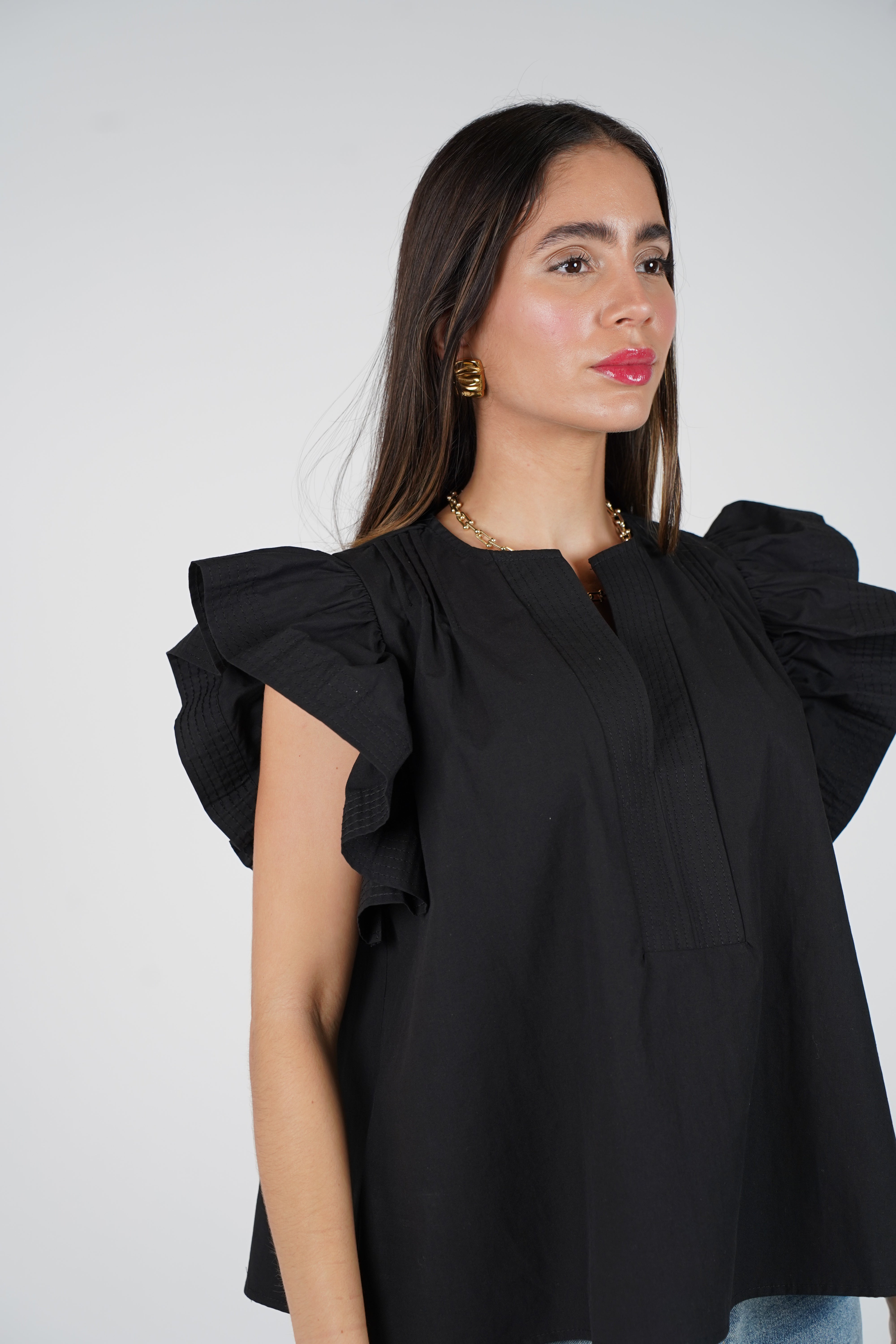 Delyra Top – Soft Blue Ruffle Sleeve Blouse