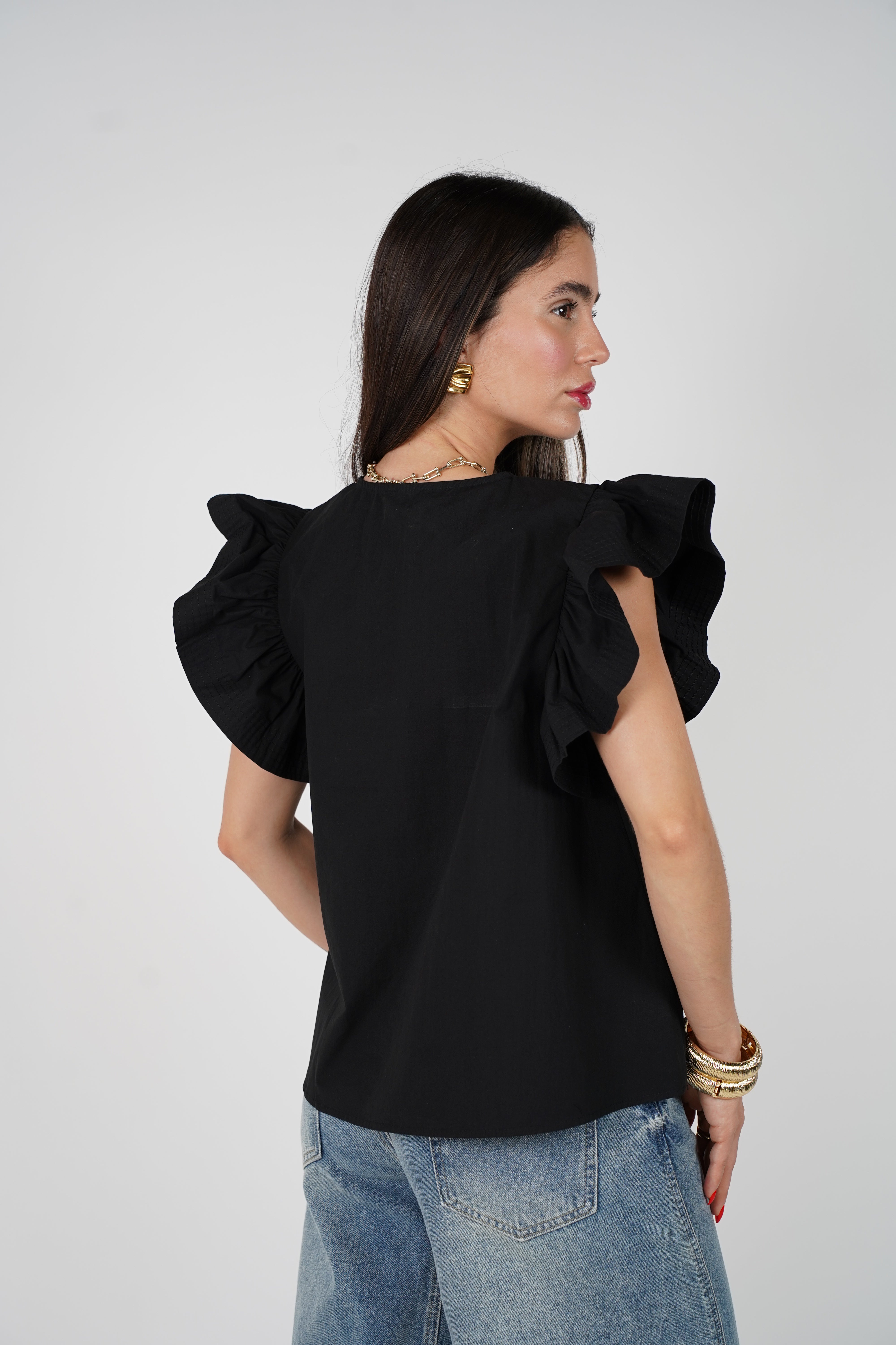Delyra Top – Soft Blue Ruffle Sleeve Blouse