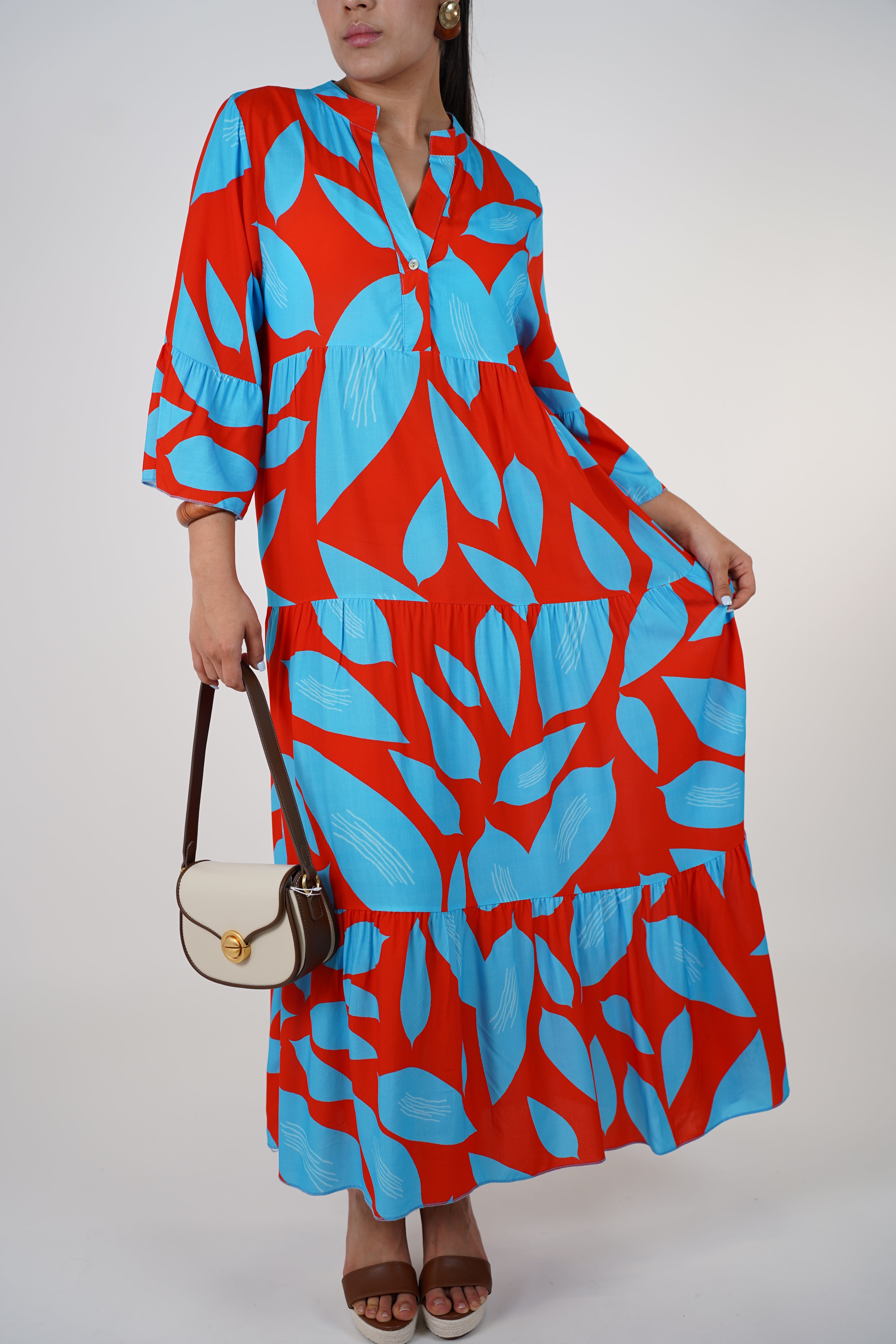 Noelle Ruffle Maxi Dress – Flowy Print Dress in Bold Colors