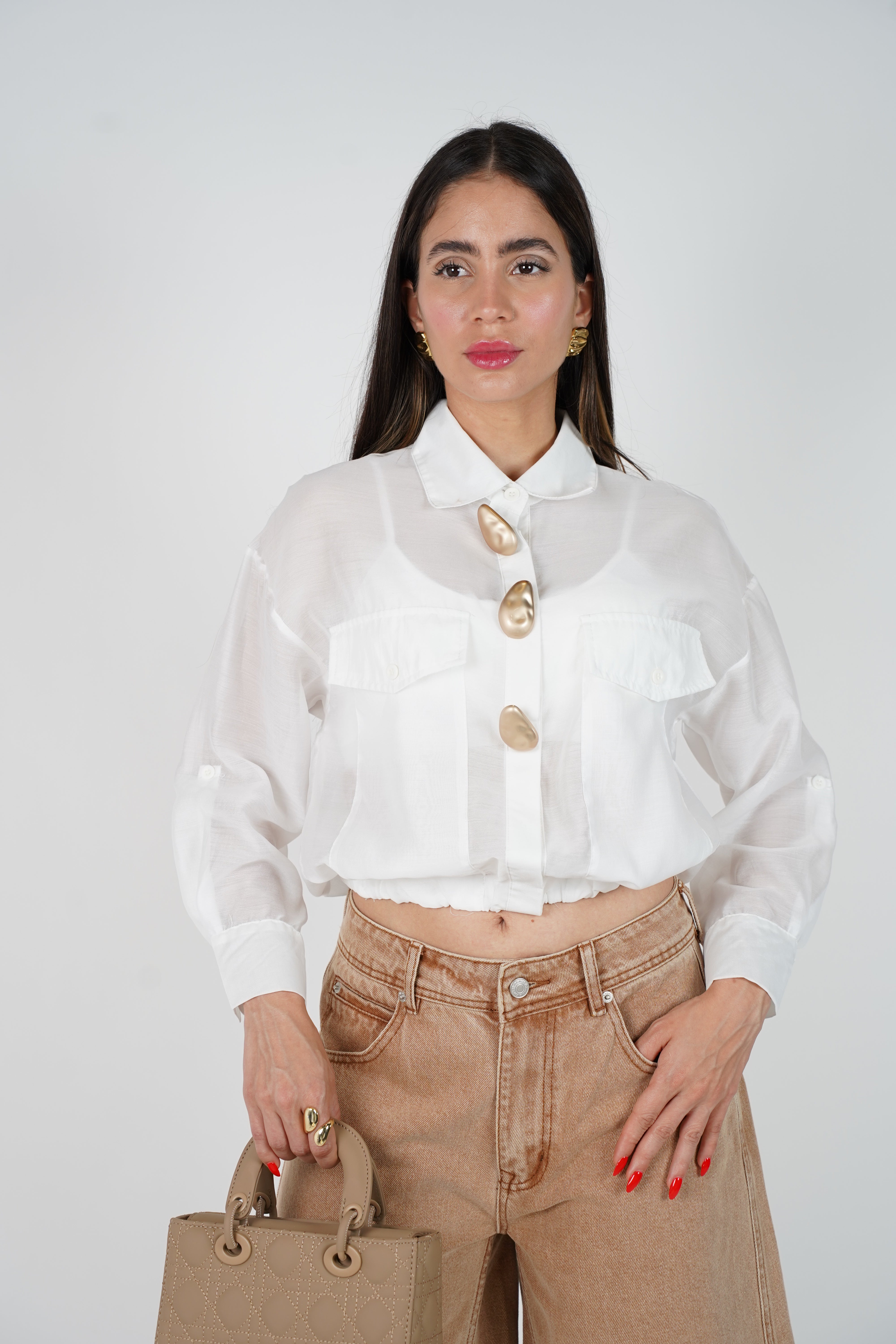 Jovelly Gold Buttons Top – Elegant Sheer Cropped Blouse