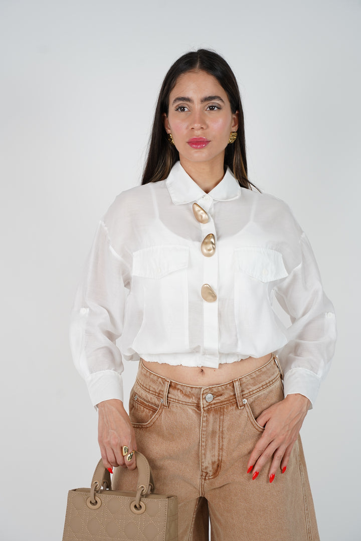 Jovelly Gold Buttons Top – Elegant Sheer Cropped Blouse