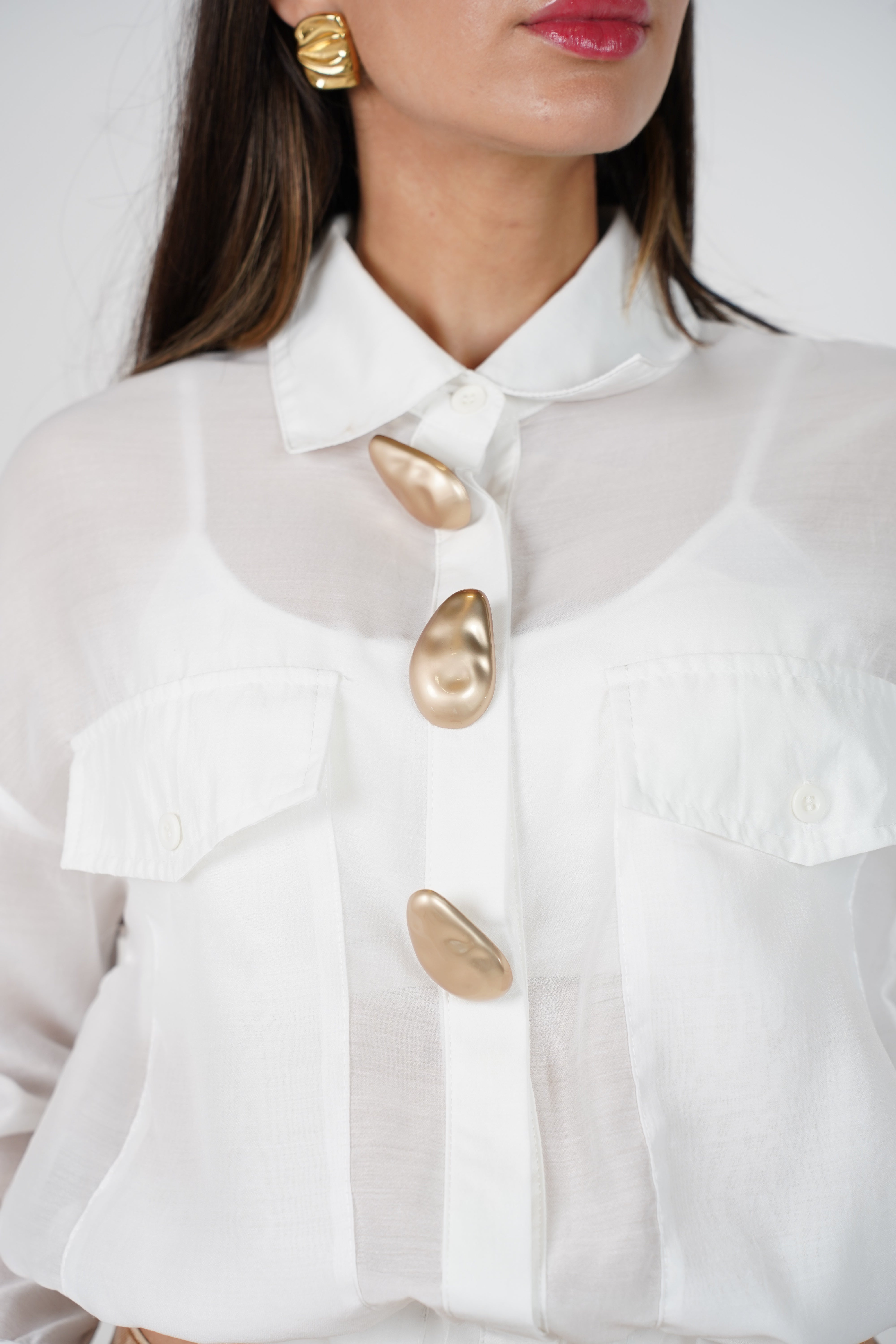 Jovelly Gold Buttons Top – Elegant Sheer Cropped Blouse