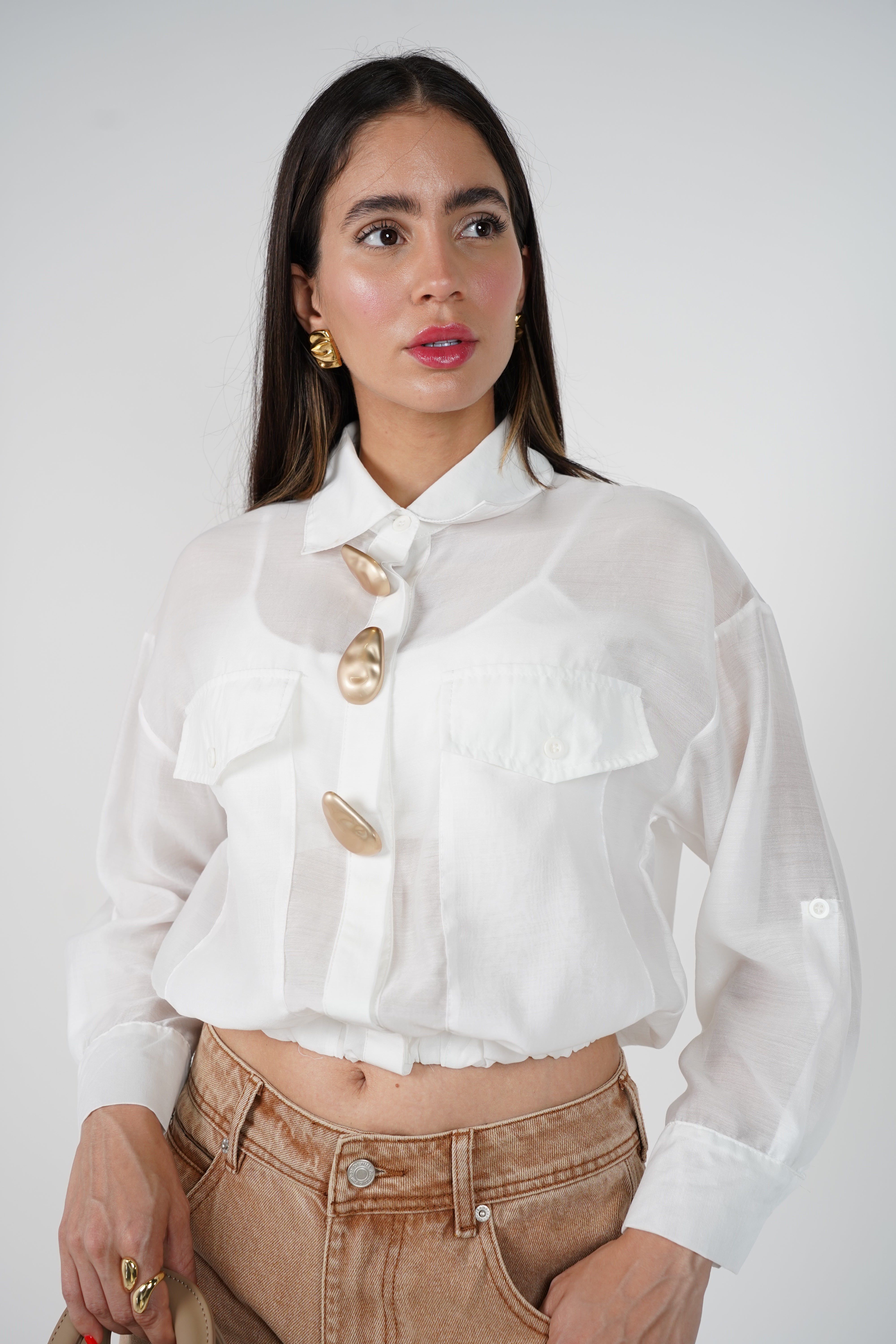 Jovelly Gold Buttons Top – Elegant Sheer Cropped Blouse