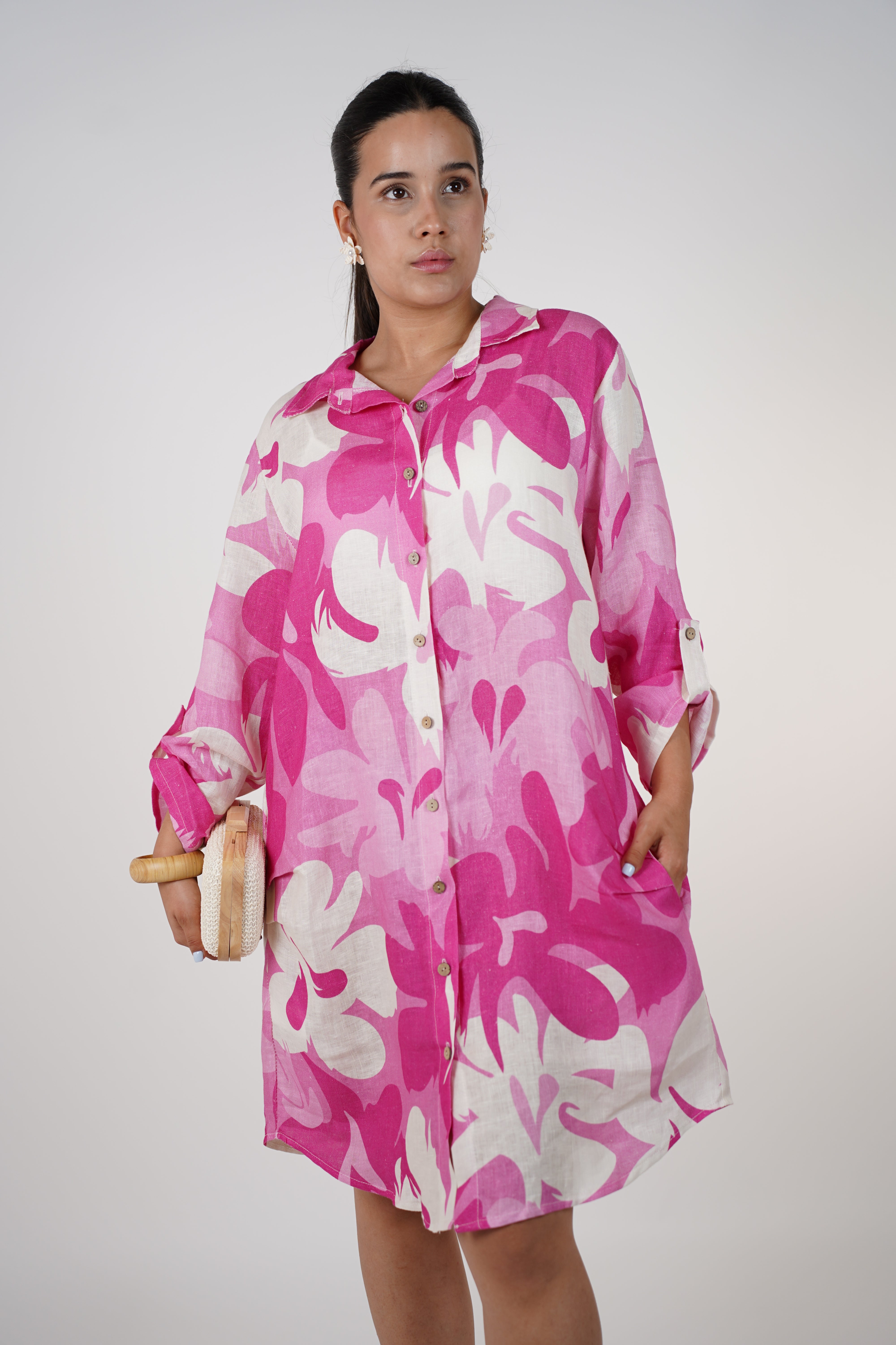 Aylin Stamped Linen Dress – Bright Yellow & Lime Button-Down Shirt Dress