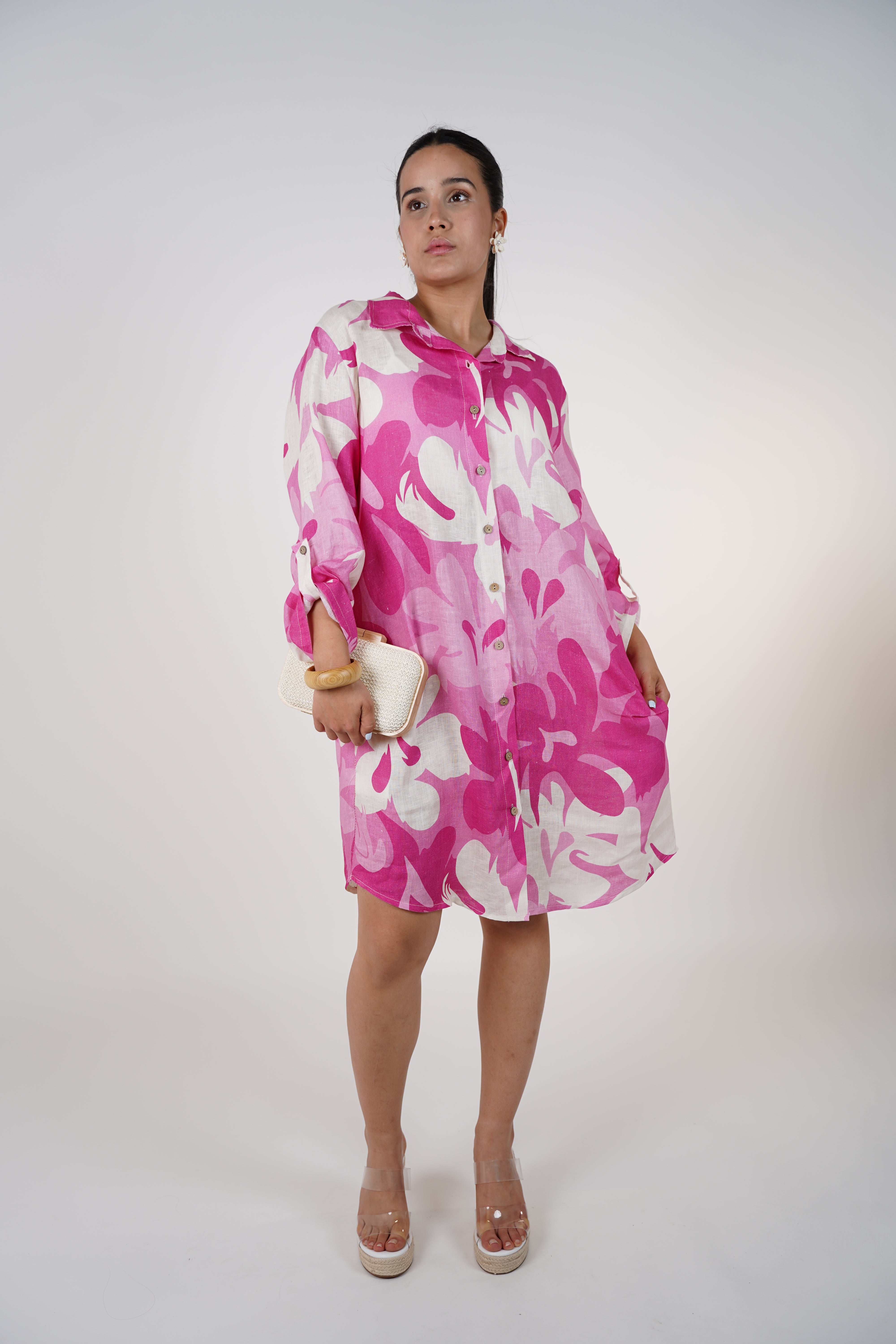 Aylin Stamped Linen Dress – Bright Yellow & Lime Button-Down Shirt Dress