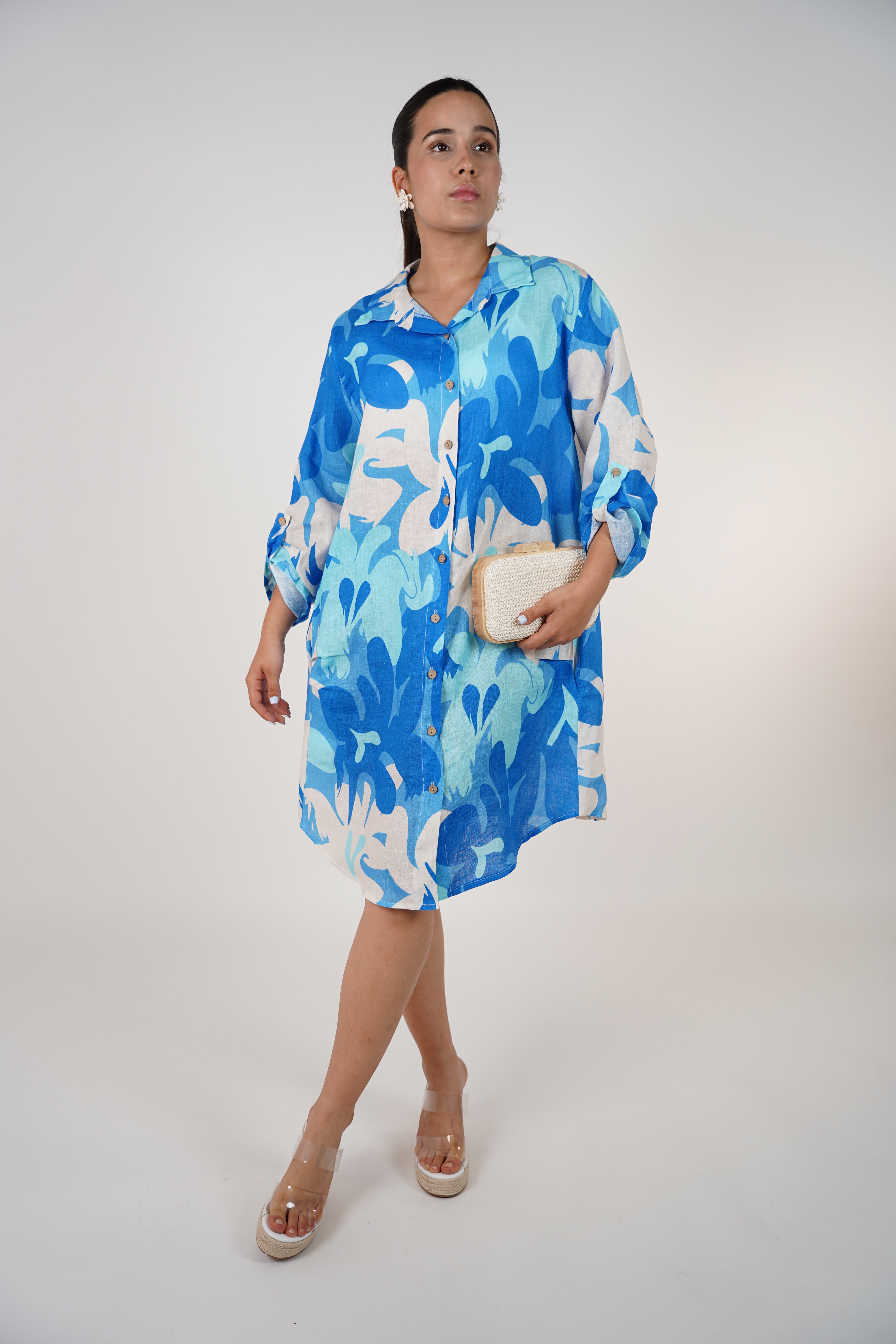 Aylin Stamped Linen Dress – Bright Yellow & Lime Button-Down Shirt Dress