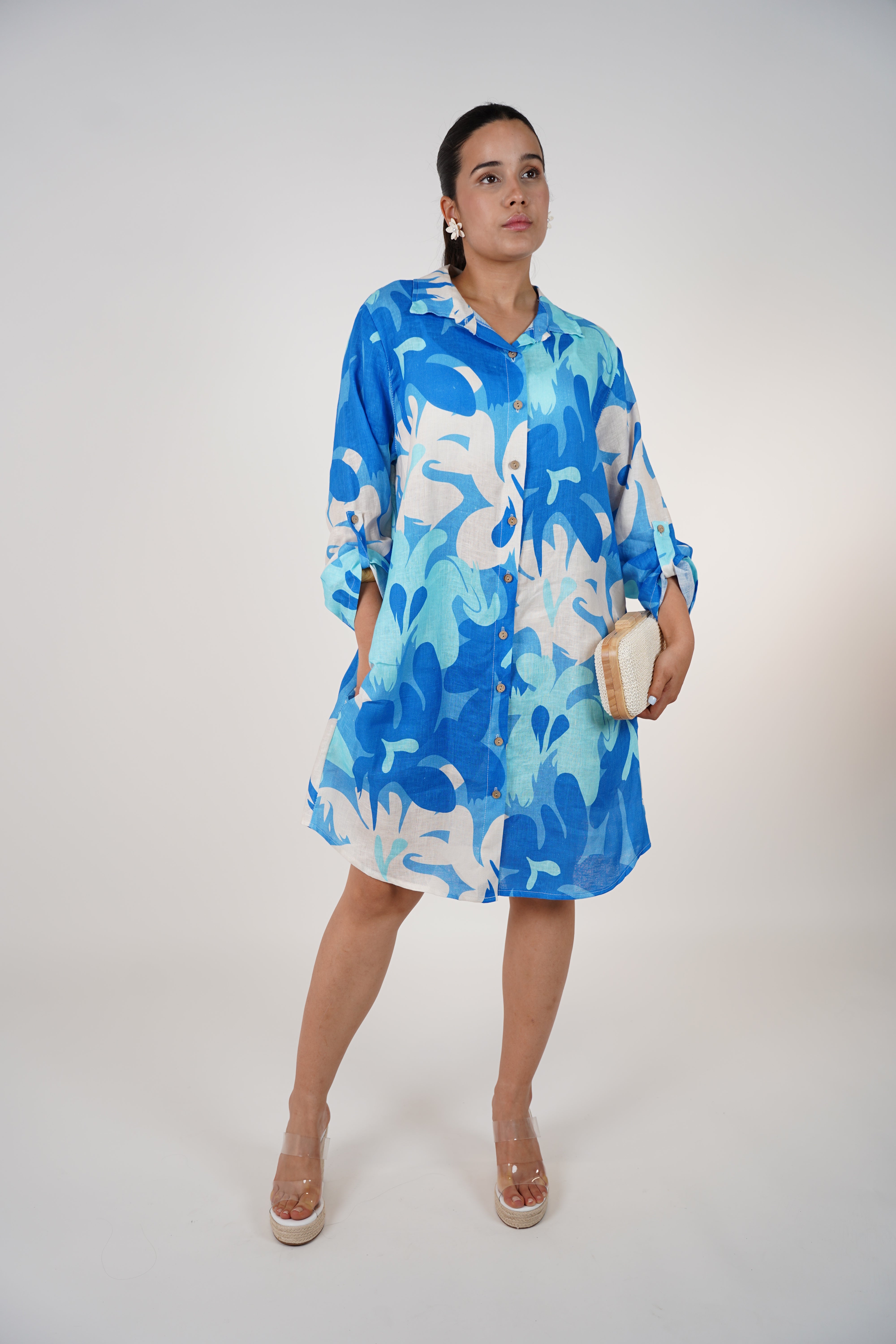 Aylin Stamped Linen Dress – Bright Yellow & Lime Button-Down Shirt Dress