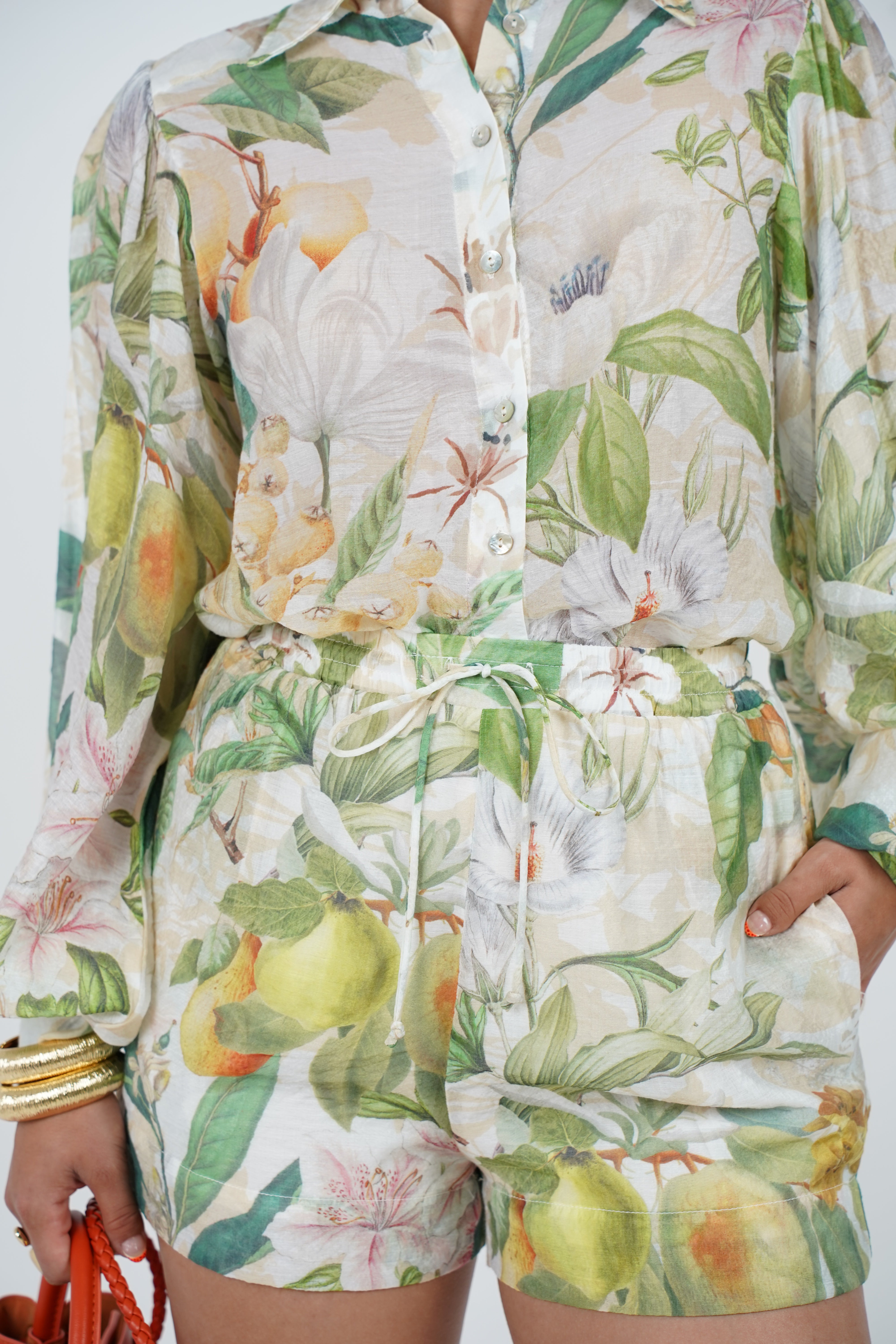 Rilora Floral Shorts Set – Botanical Print Long Sleeve Top and Drawstring Shorts