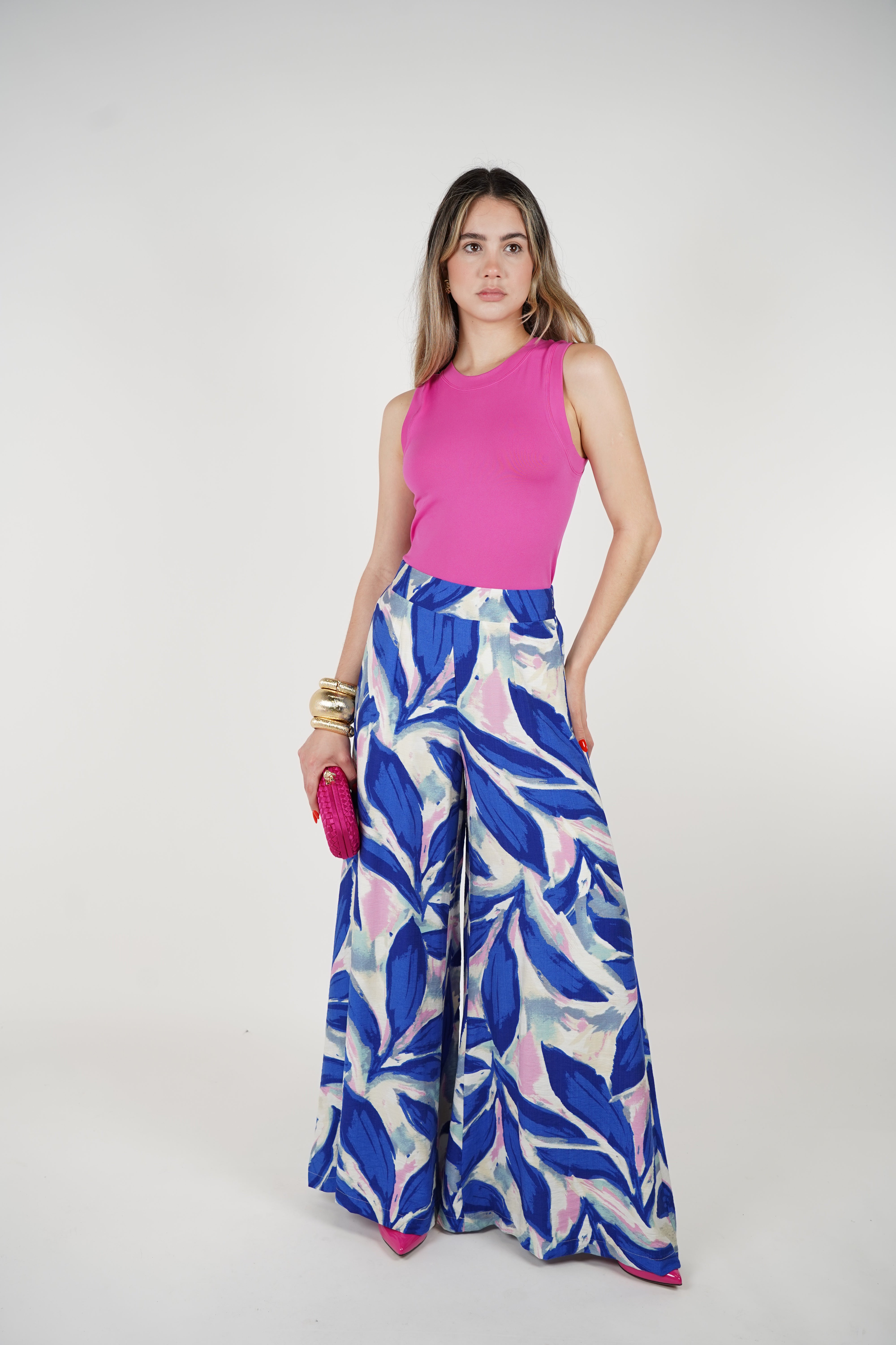 Ovaria Stamped Wide Leg Pants – Blue and Pink Leaf Print Flowing Trousers