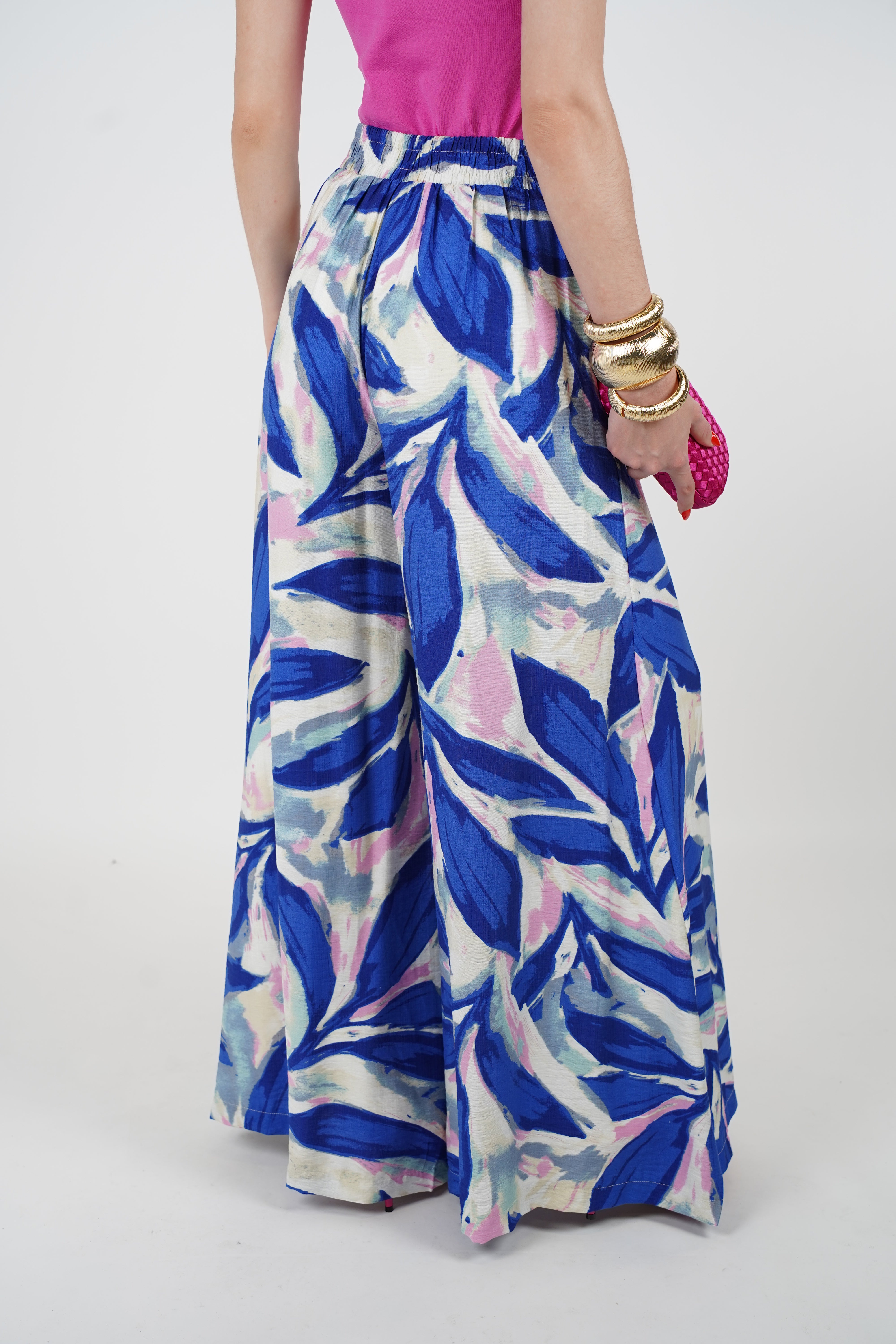 Ovaria Stamped Wide Leg Pants – Blue and Pink Leaf Print Flowing Trousers