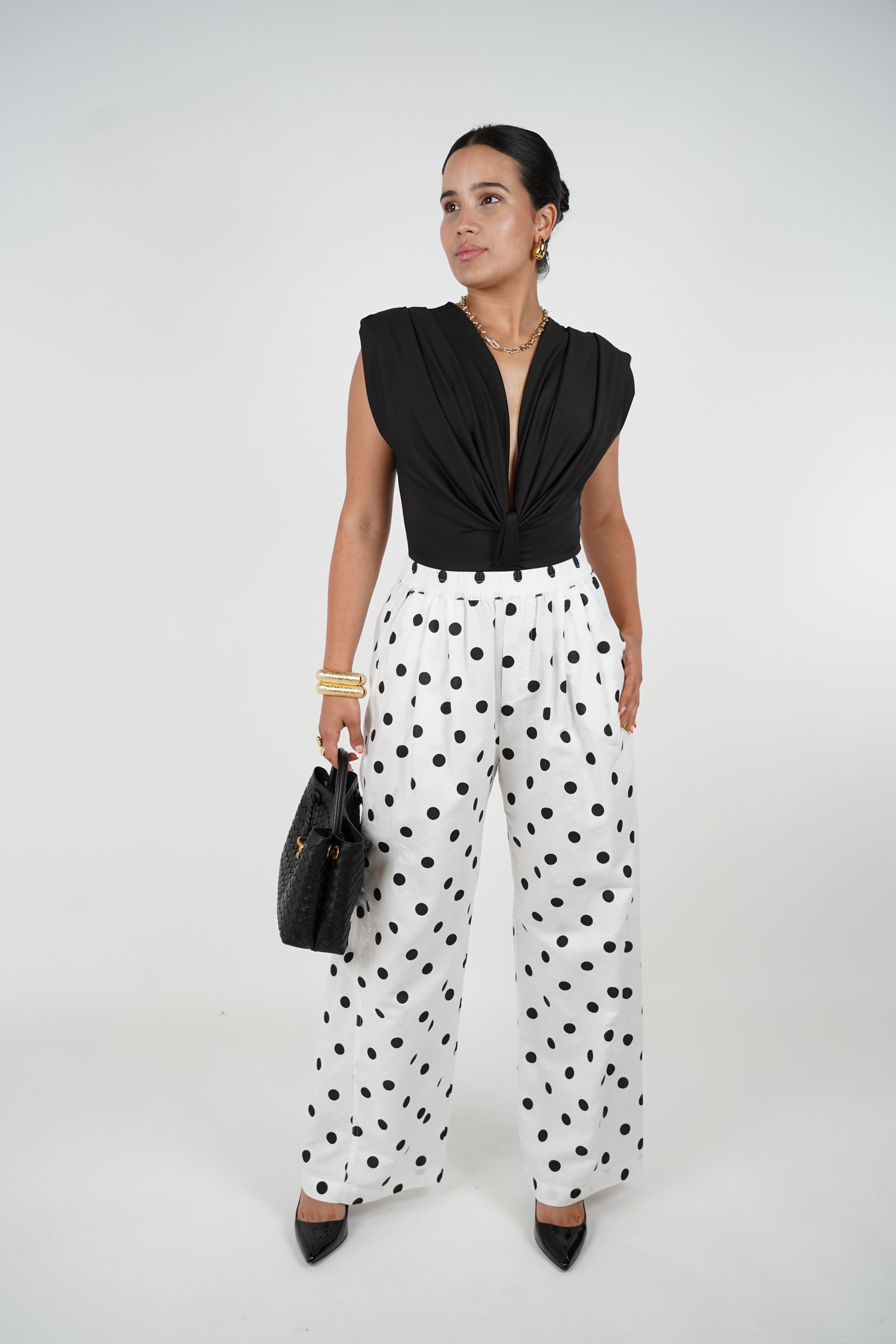 Nuvina Linen Pants – Black Polka Dot Wide-Leg Trousers