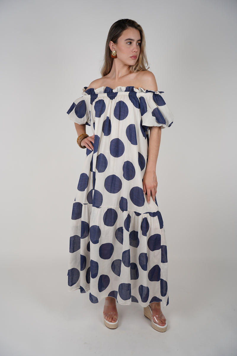Zeyla Maxi Dress – Polka-Dot Charm with Off-Shoulder Elegance