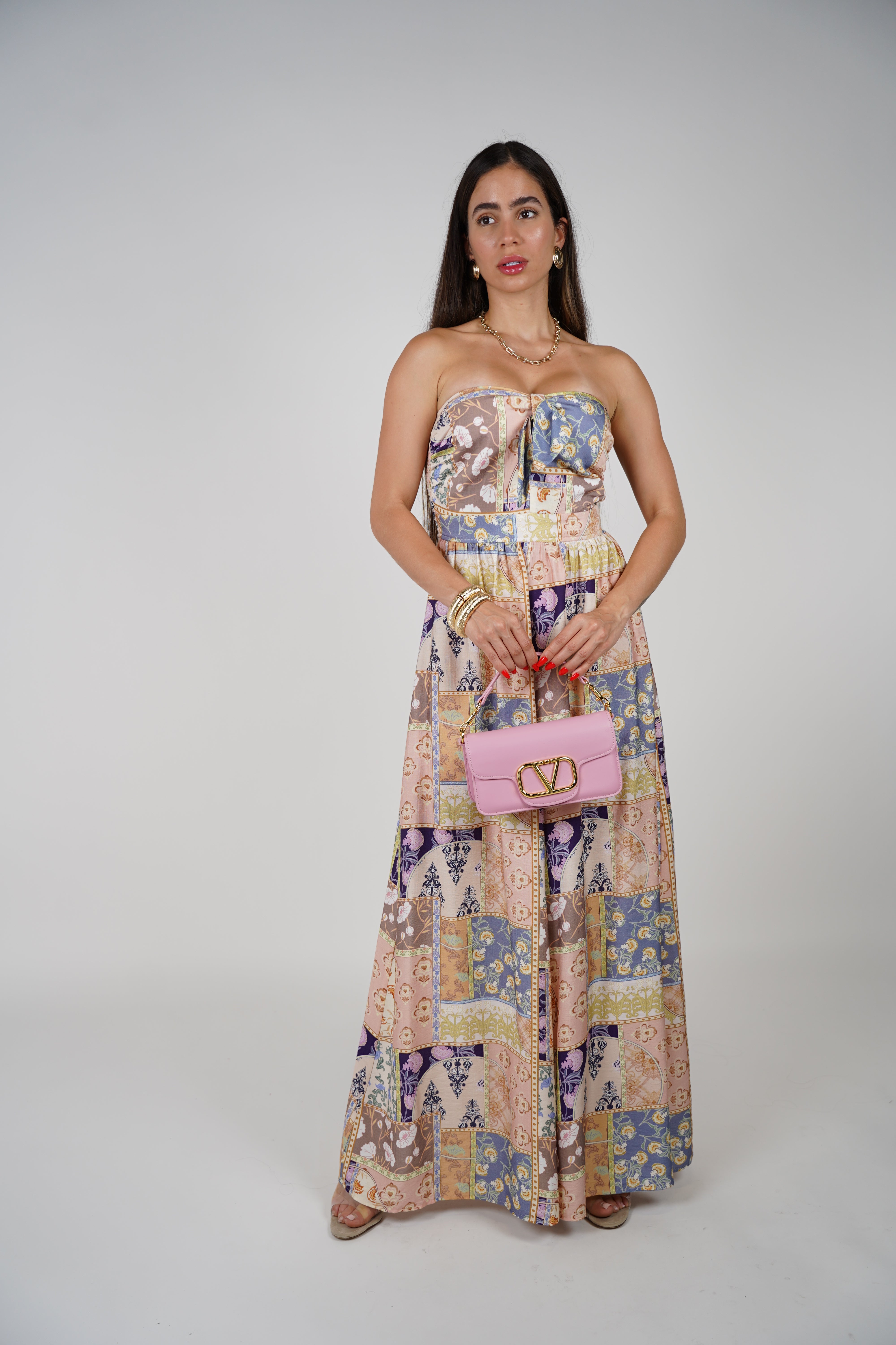 Teyla Jumpsuit – Strapless Patch Print with Bow Detail