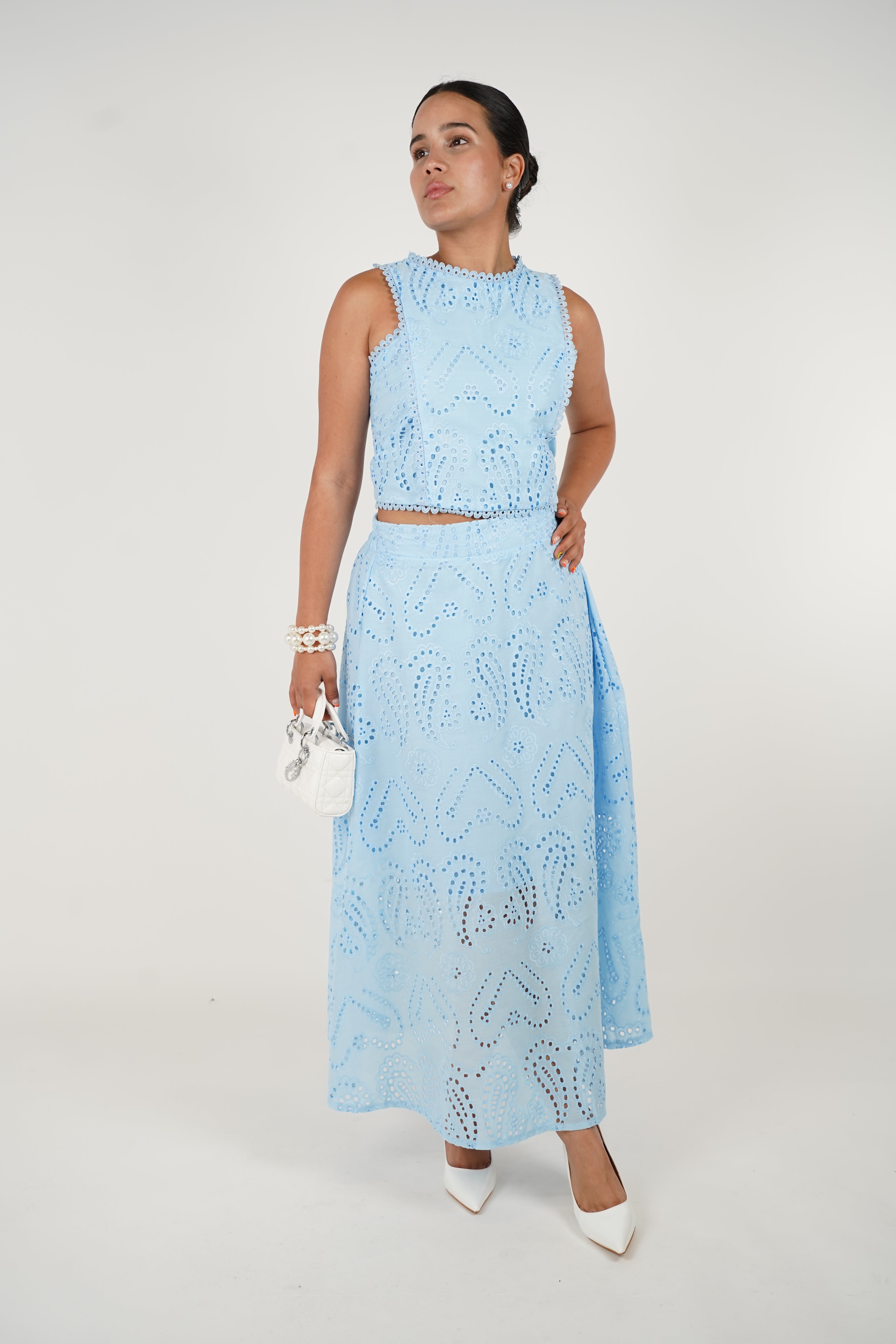 Virelle Crochet Skirt Set – Light Blue Eyelet Two-Piece Outfit