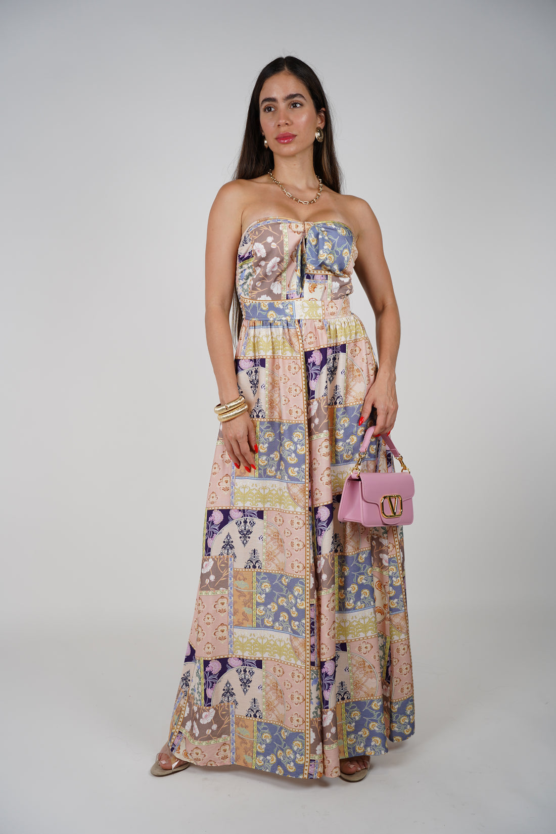 Teyla Jumpsuit – Strapless Patch Print with Bow Detail