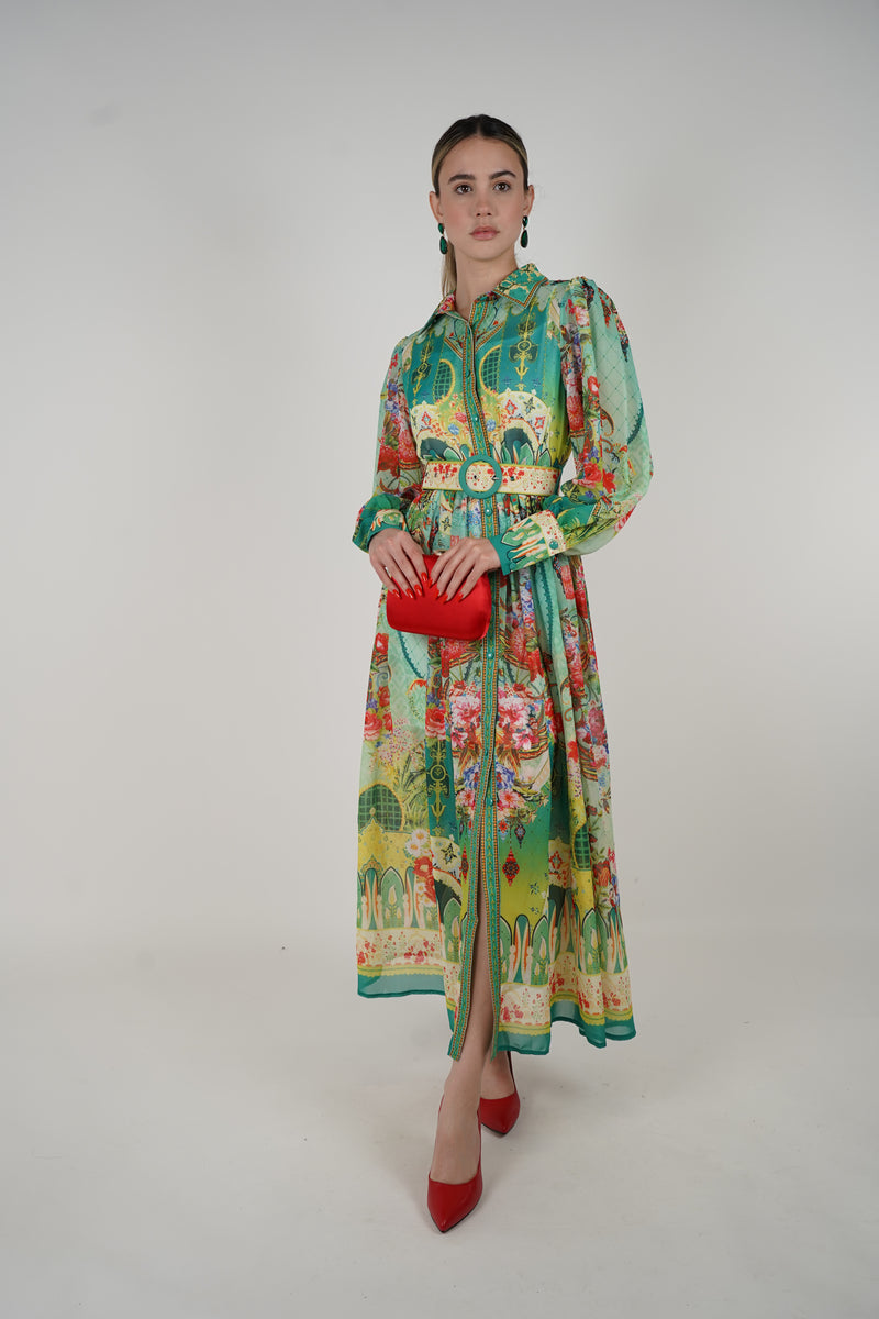 Zorina Maxi Dress – Vibrant Printed Long Sleeve Belted Dress