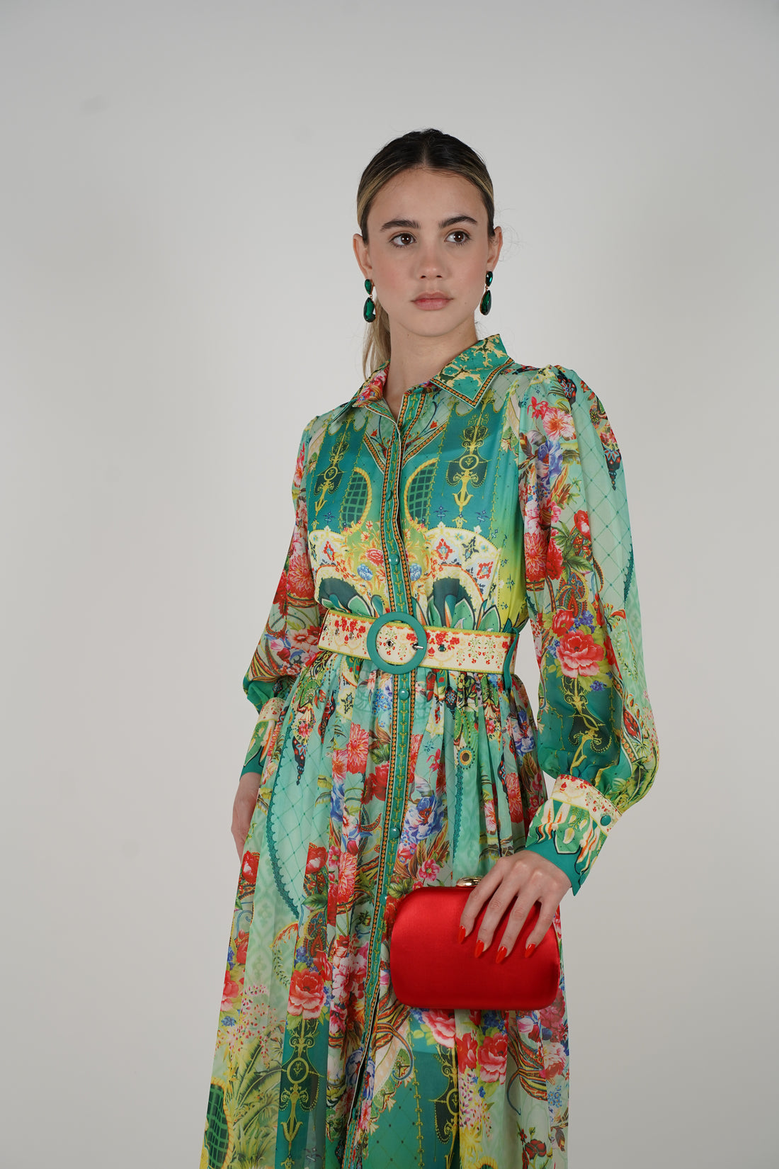 Zorina Maxi Dress – Vibrant Printed Long Sleeve Belted Dress