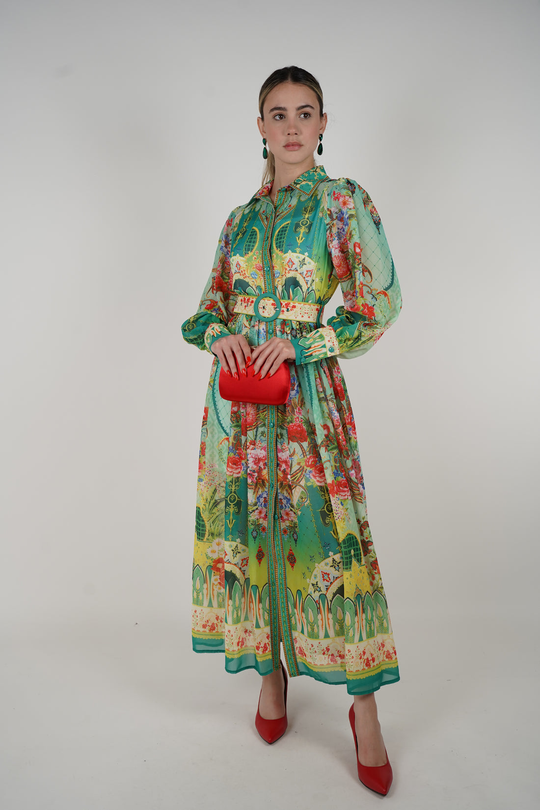 Zorina Maxi Dress – Vibrant Printed Long Sleeve Belted Dress