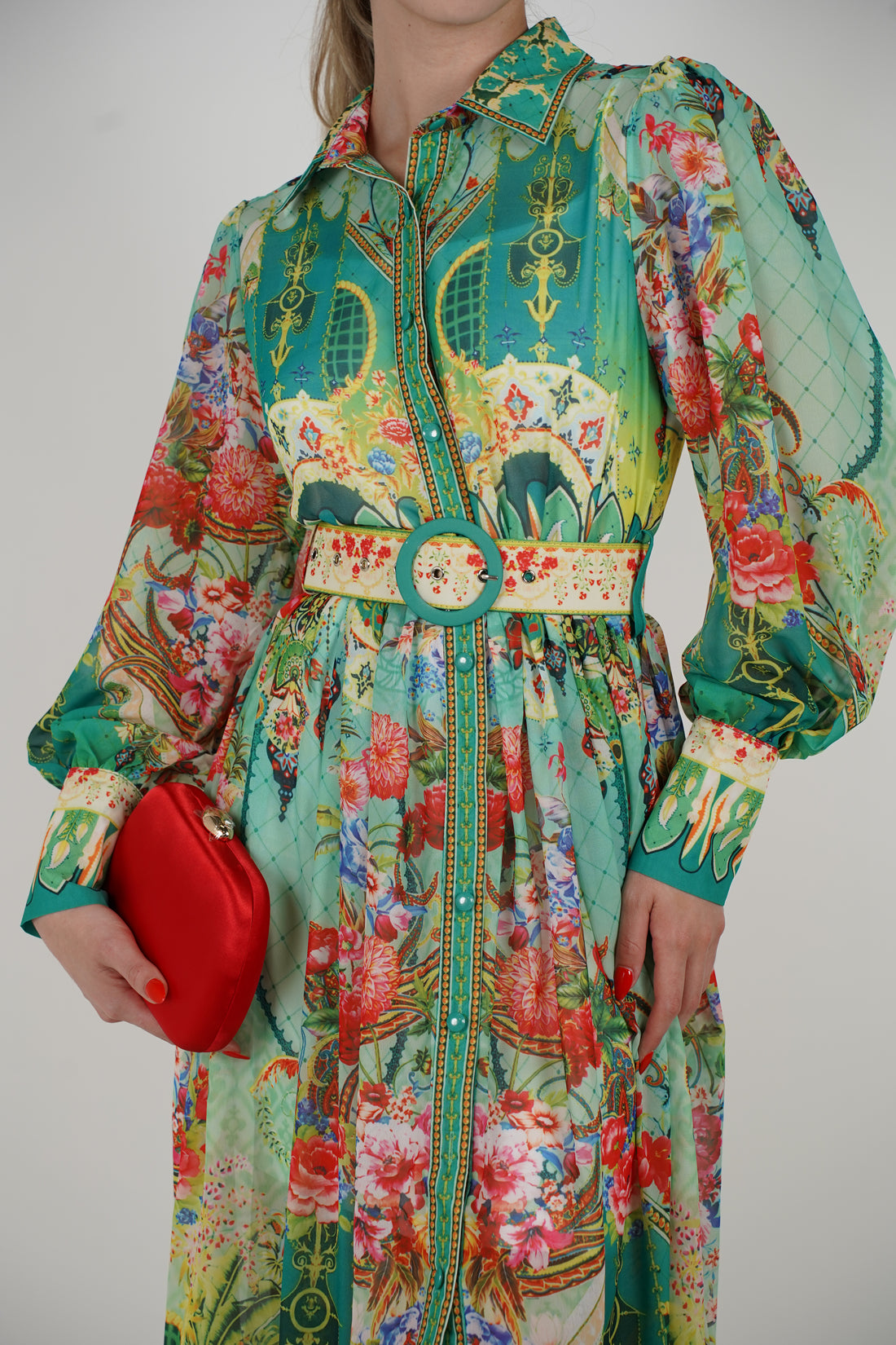 Zorina Maxi Dress – Vibrant Printed Long Sleeve Belted Dress