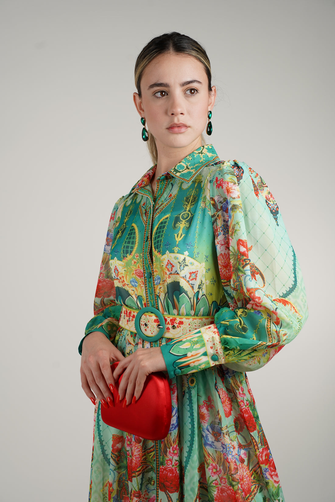 Zorina Maxi Dress – Vibrant Printed Long Sleeve Belted Dress