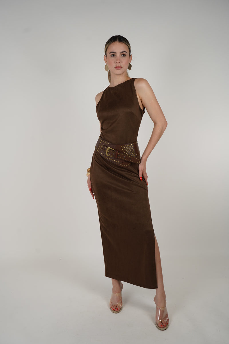 Lurian Belted Maxi Dress – Sleek Brown Statement with Edgy Belt Detail