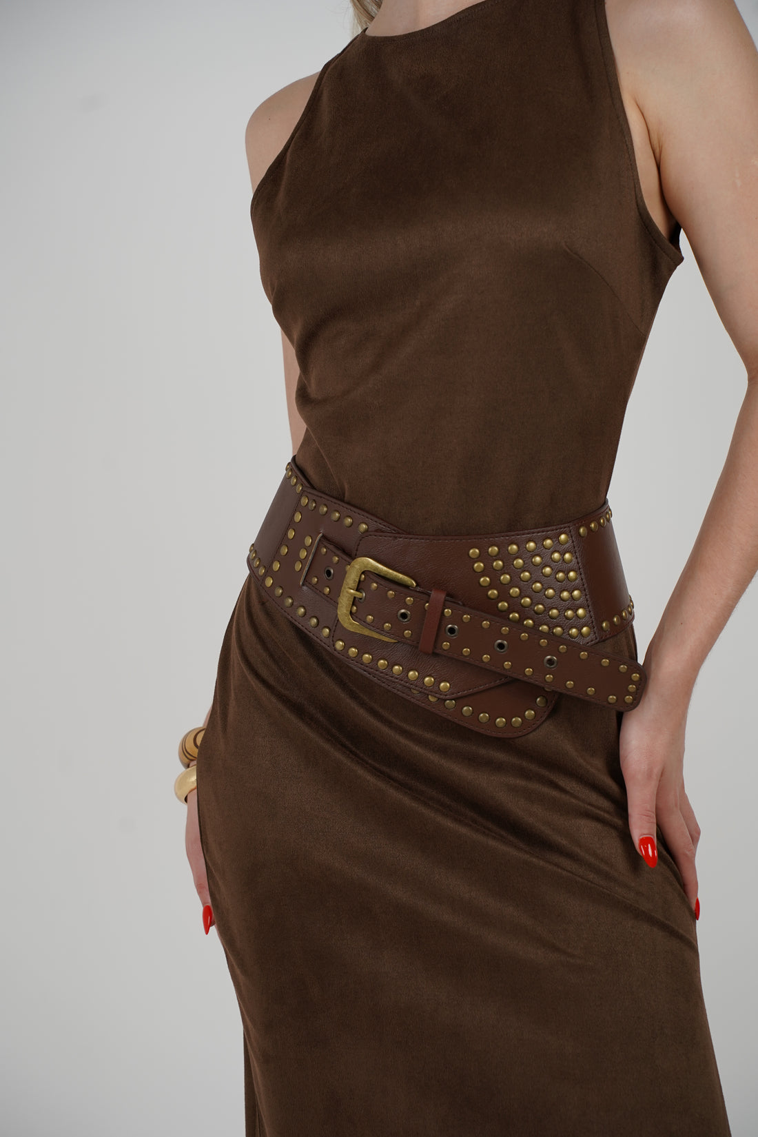 Lurian Belted Maxi Dress – Sleek Brown Statement with Edgy Belt Detail