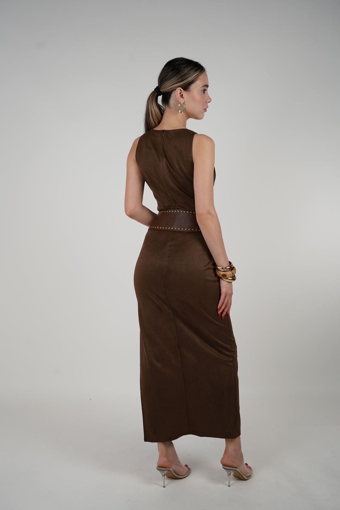 Lurian Belted Maxi Dress – Sleek Brown Statement with Edgy Belt Detail