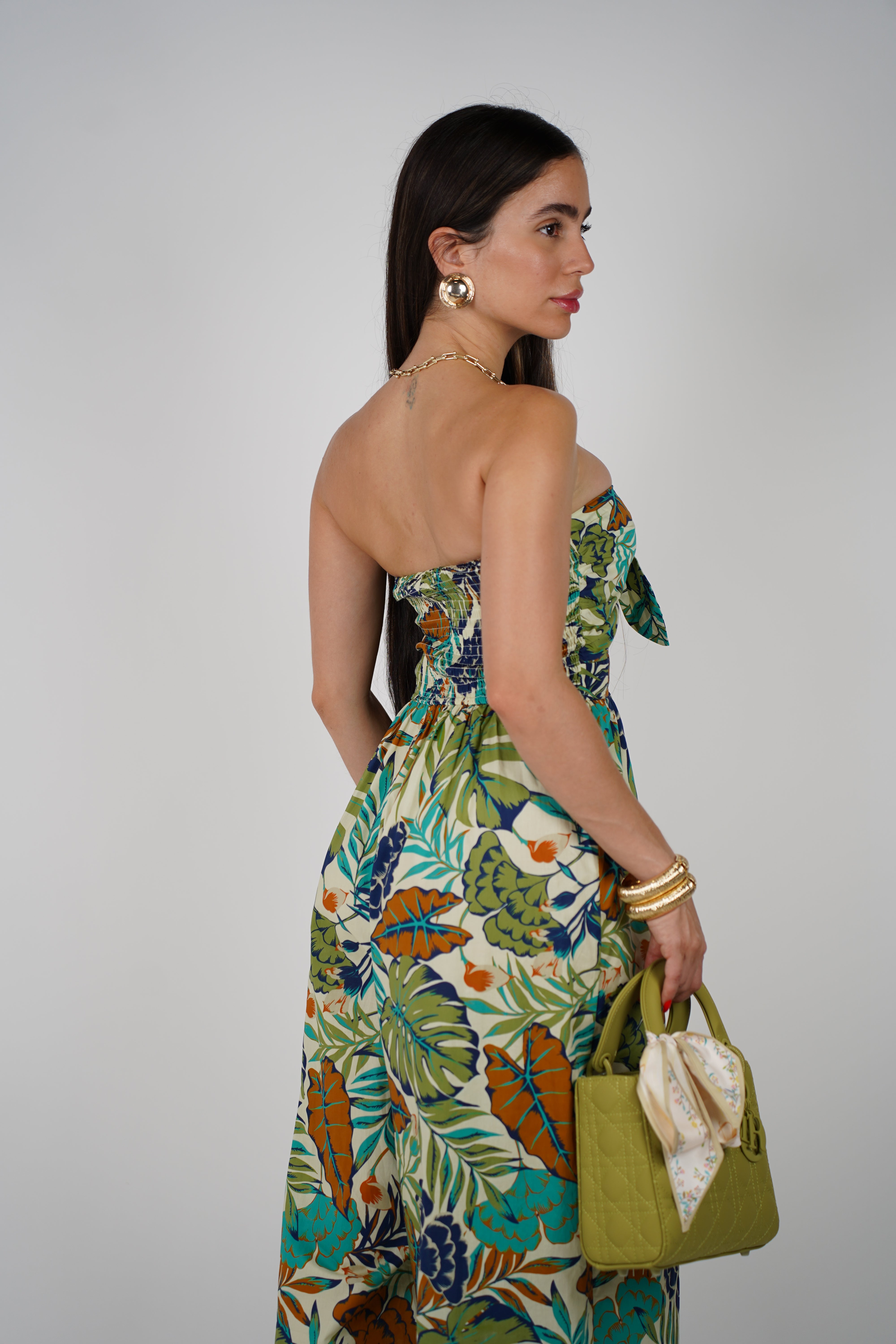 Teyla Jumpsuit – Strapless Patch Print with Bow Detail