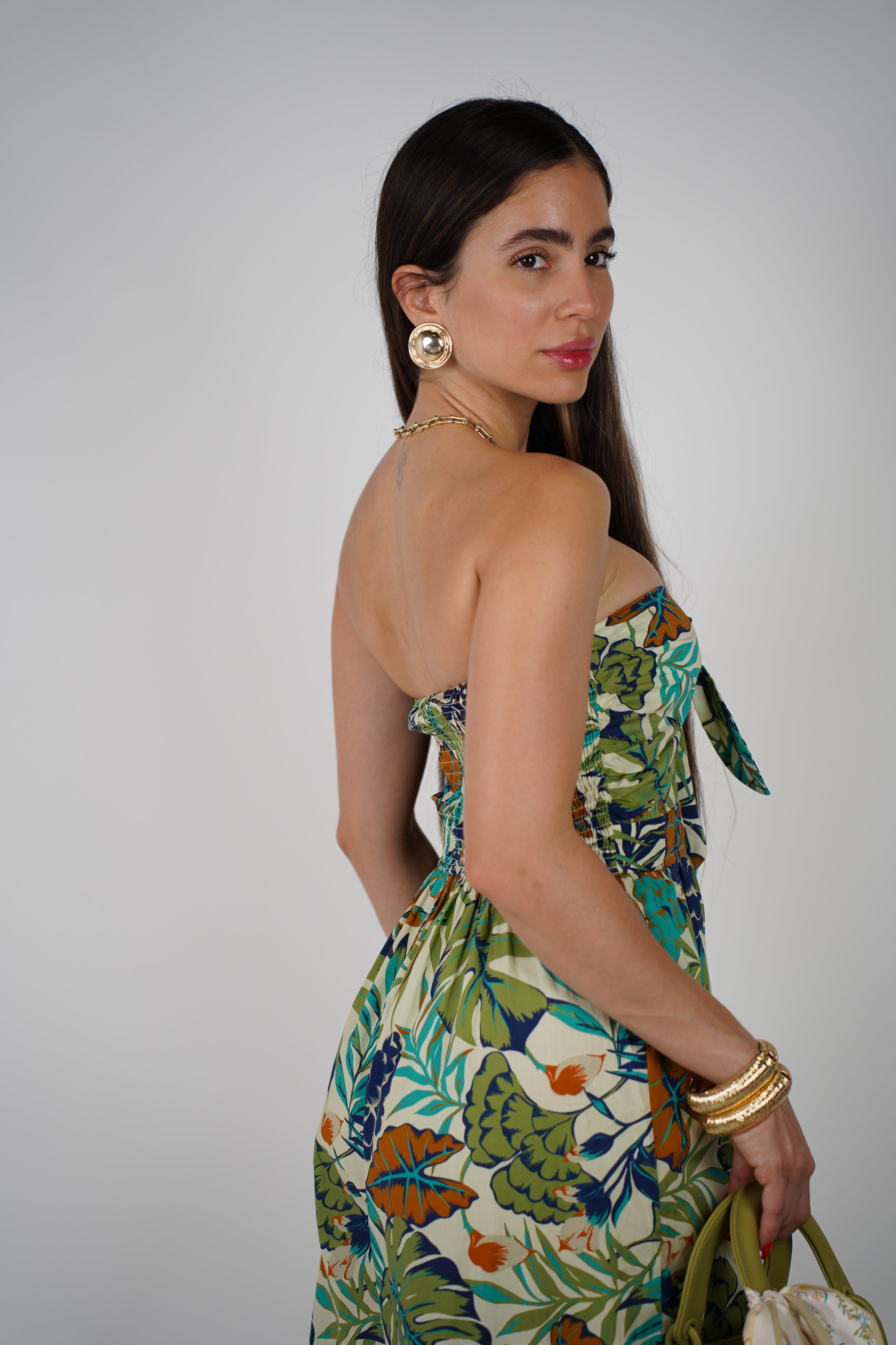 Teyla Jumpsuit – Strapless Patch Print with Bow Detail