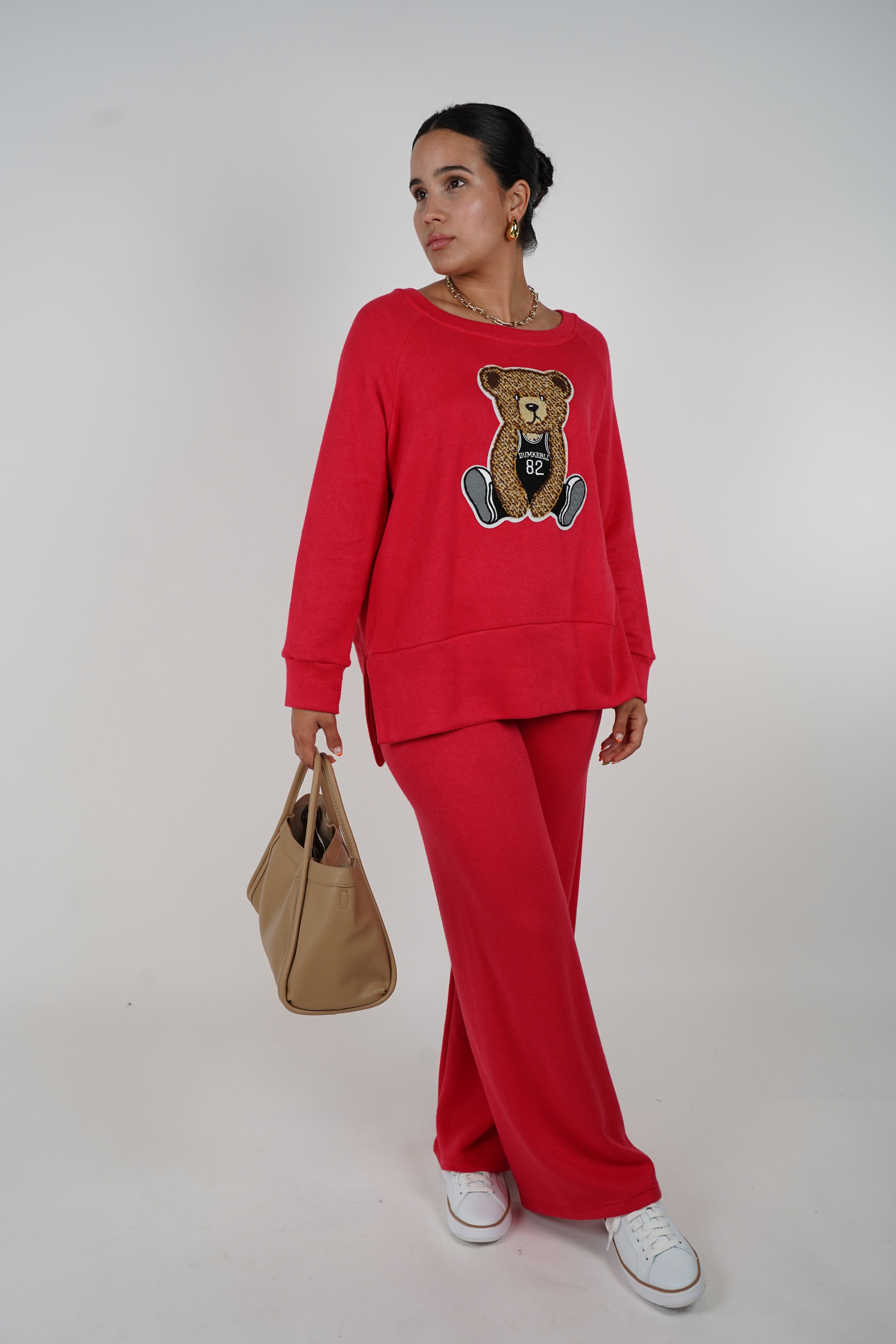 Bear Sweater Set – Relaxed Red Knit Set with Teddy Patch Detail