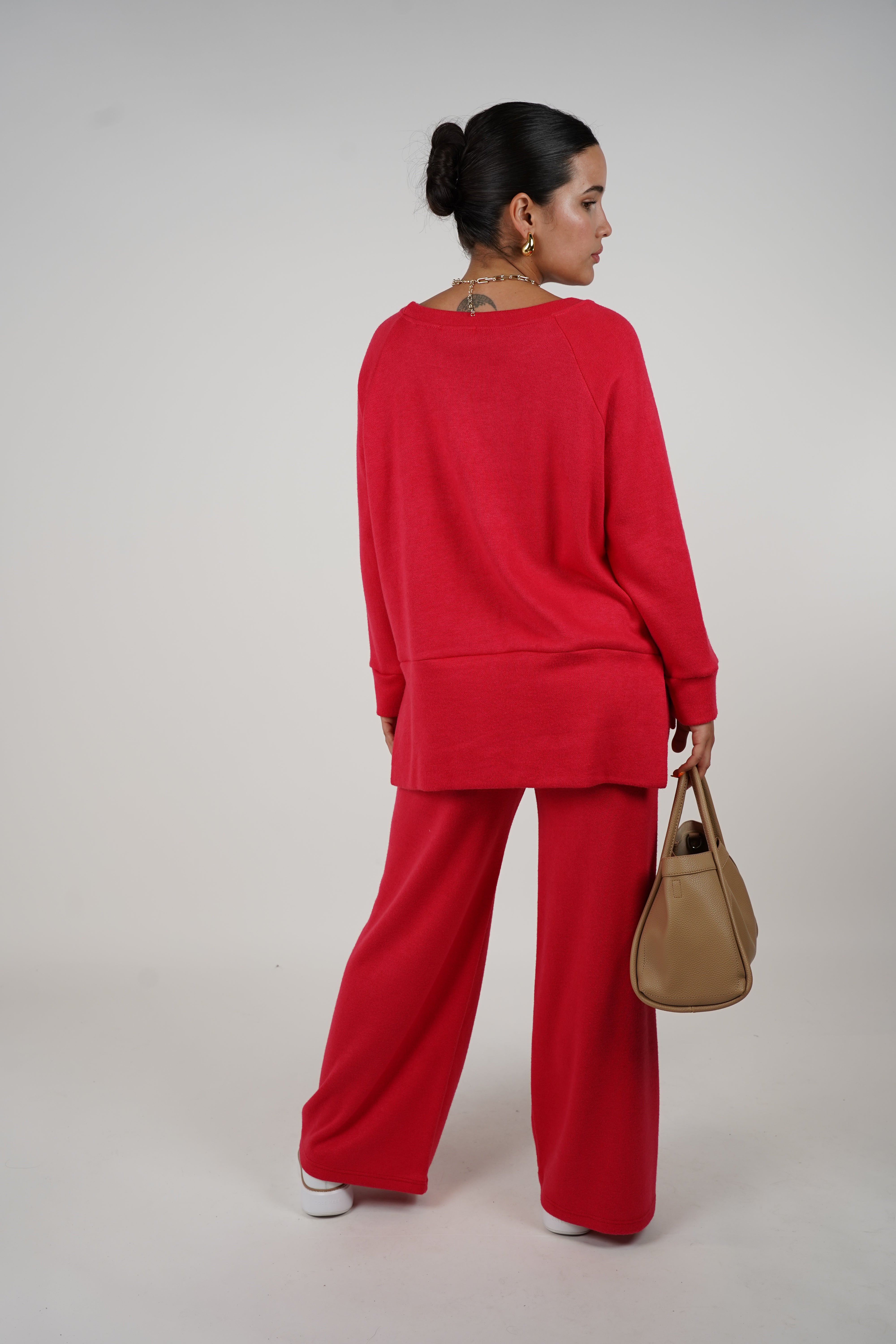 Bear Sweater Set – Relaxed Red Knit Set with Teddy Patch Detail