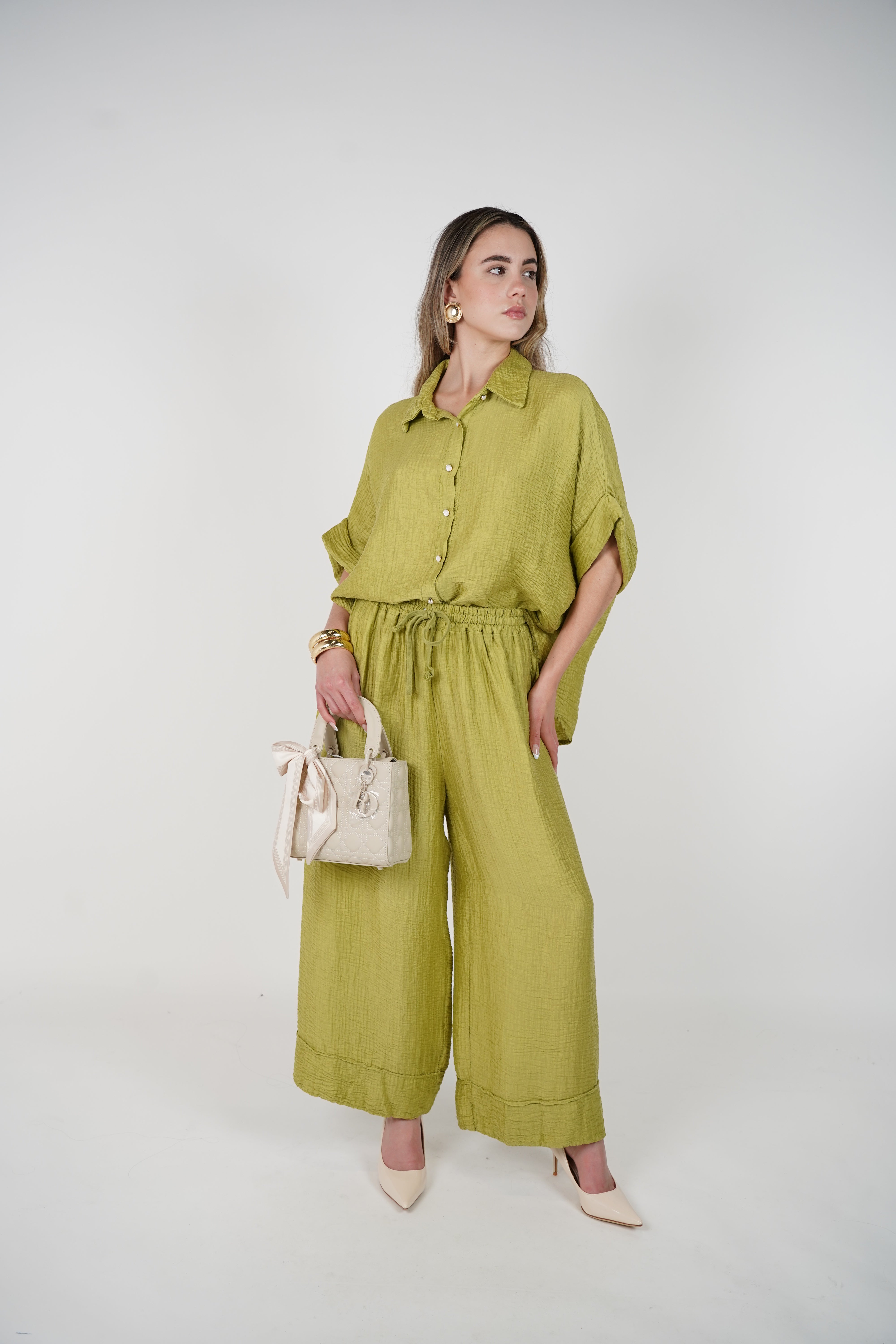 Evelyn Oversized Pants Set – Flowy Button Top & Wide-Leg Pants, One Size, Multiple Colors