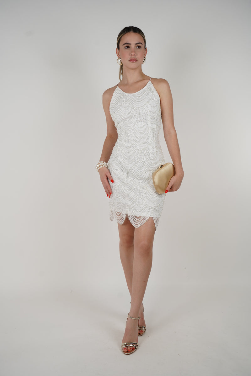 Halori Pearl Mini Dress – Elegant White Beaded Statement for Special Occasions