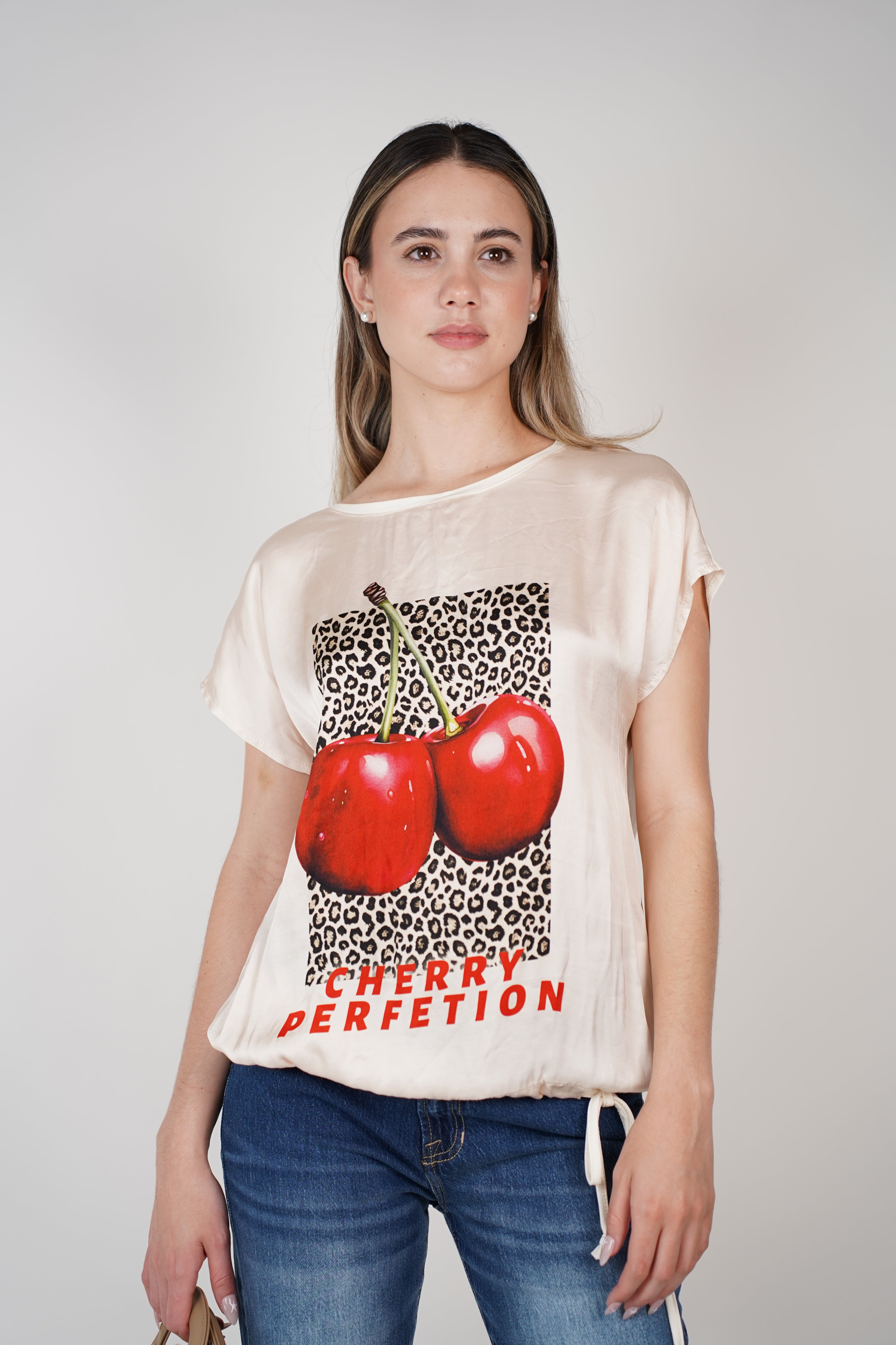 Italy Cherry Top – Satin Graphic Blouse with Drawstring Hem