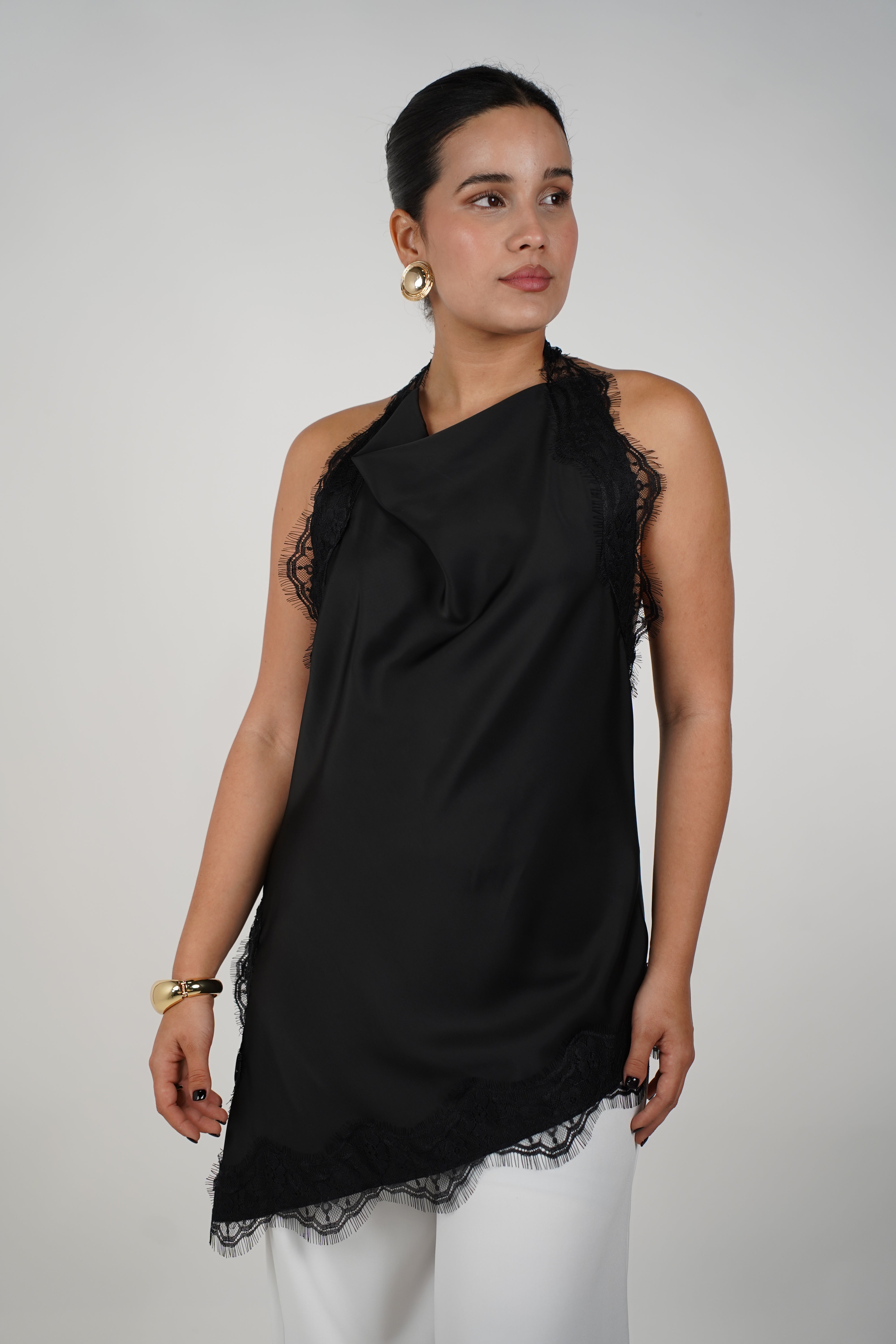 Faye Satin Top – Sleek Elegance with Delicate Lace Trim