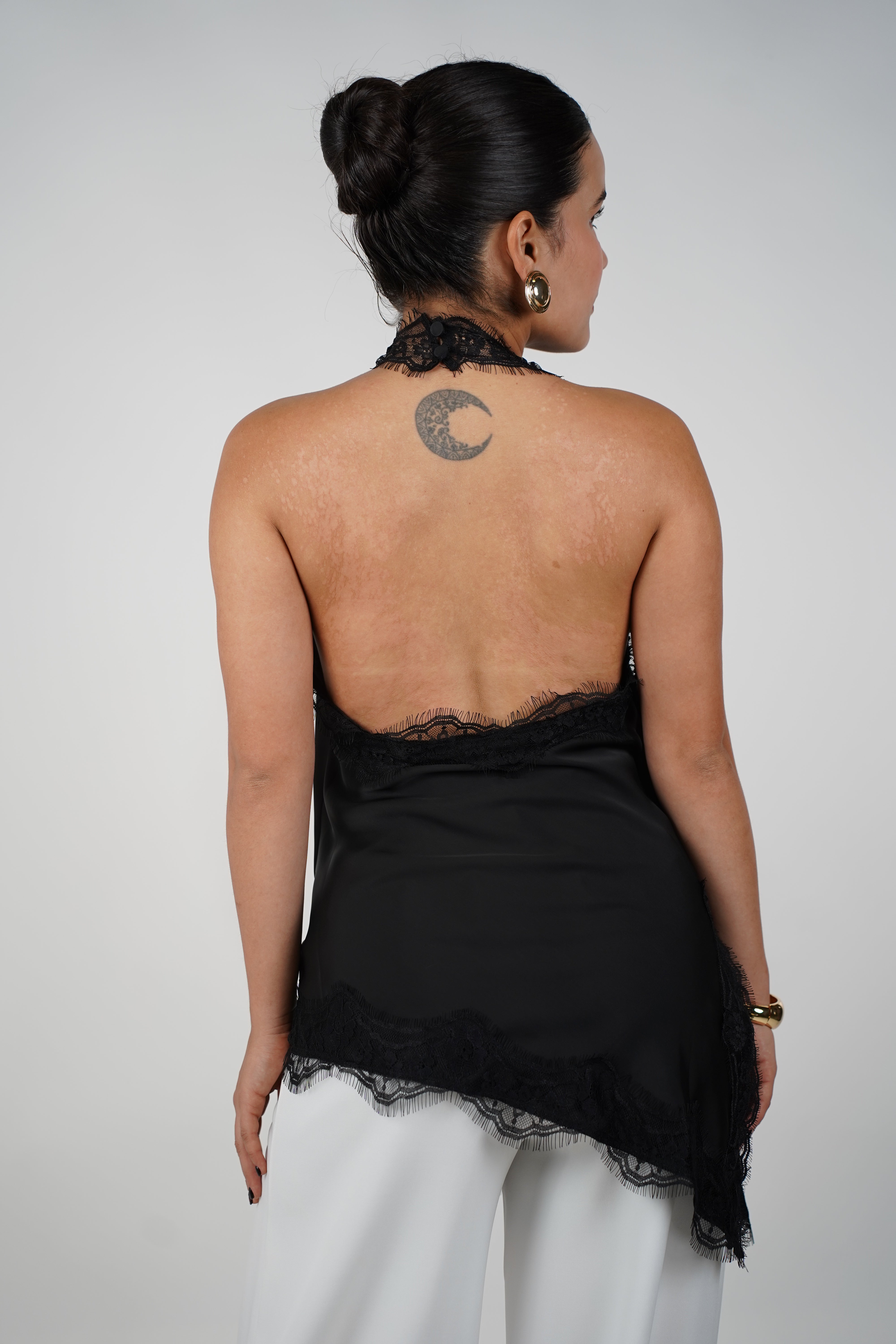 Faye Satin Top – Sleek Elegance with Delicate Lace Trim