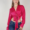Glam Vneck Blouse – Sultry Satin Tie Top in Fuchsia or White