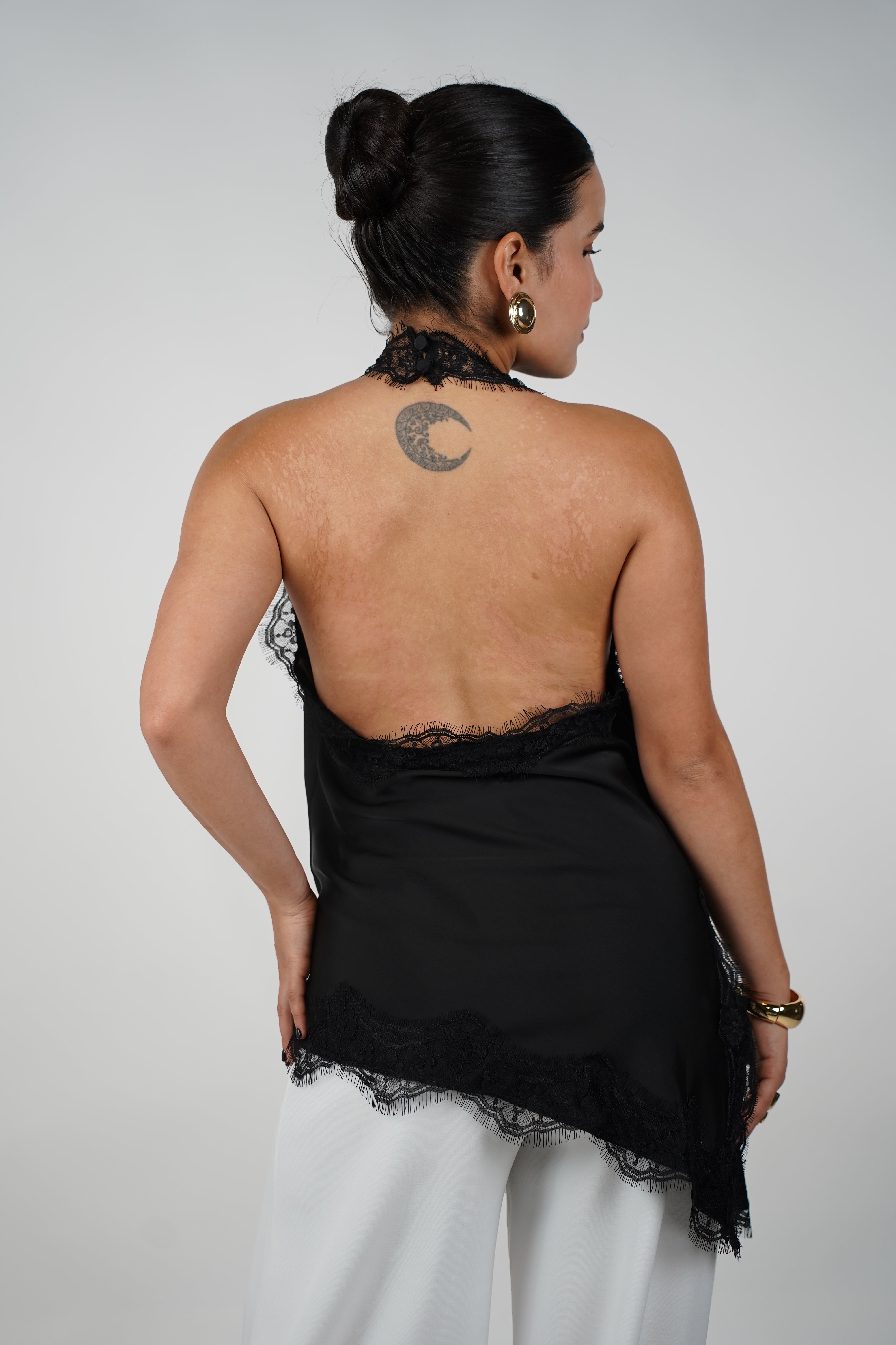 Faye Satin Top – Sleek Elegance with Delicate Lace Trim