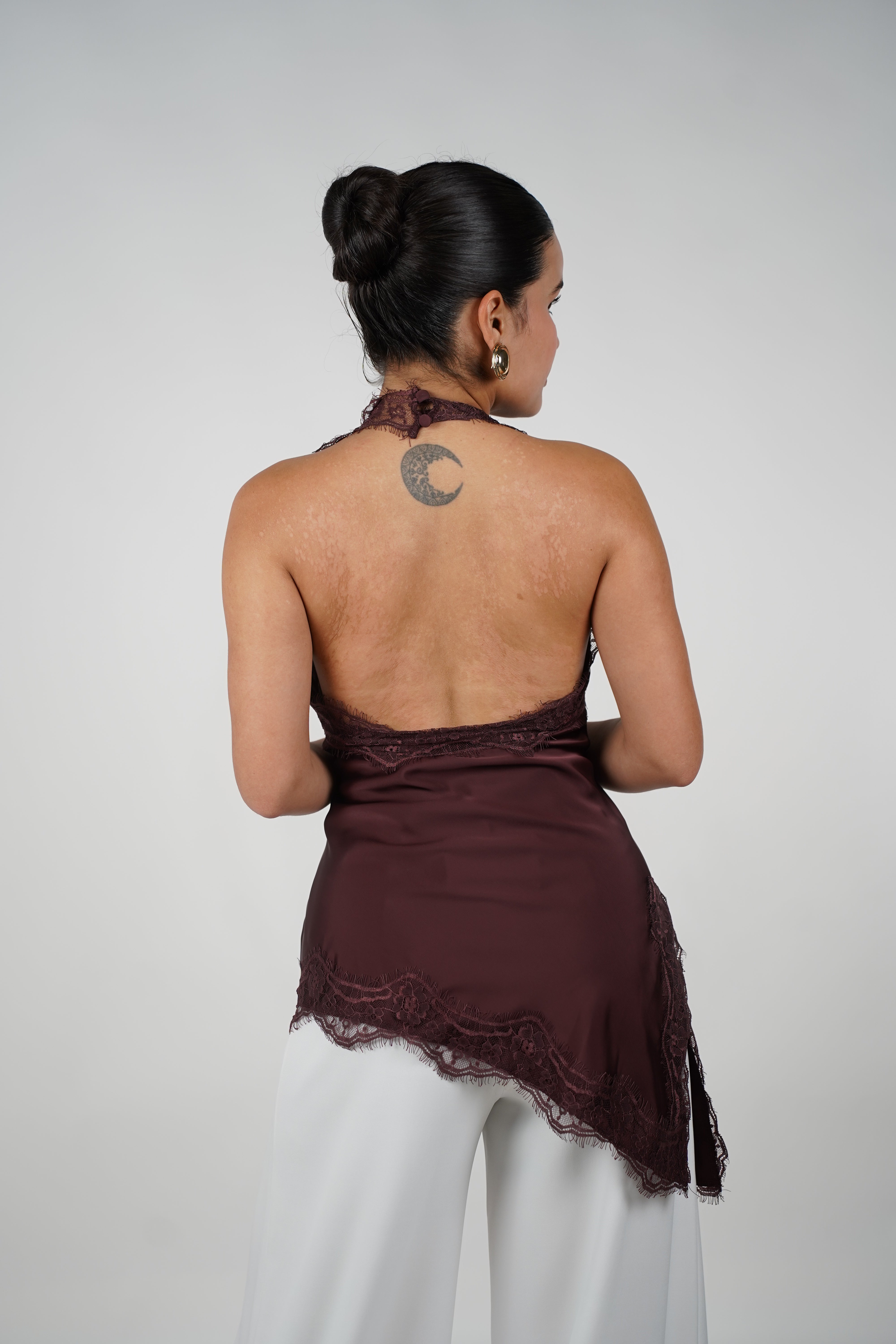 Faye Satin Top – Sleek Elegance with Delicate Lace Trim