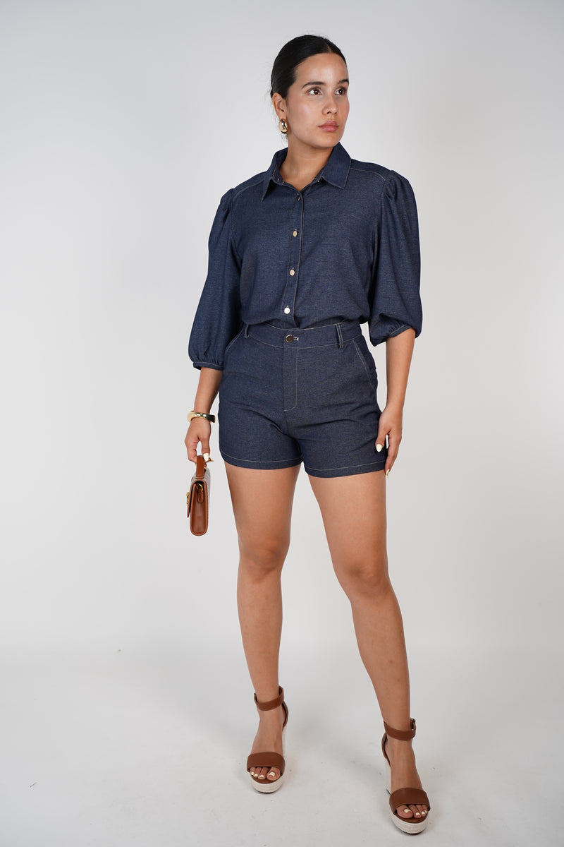 Nysa Denim Shorts Set – Dark Wash Puff Sleeve Button-Up Look