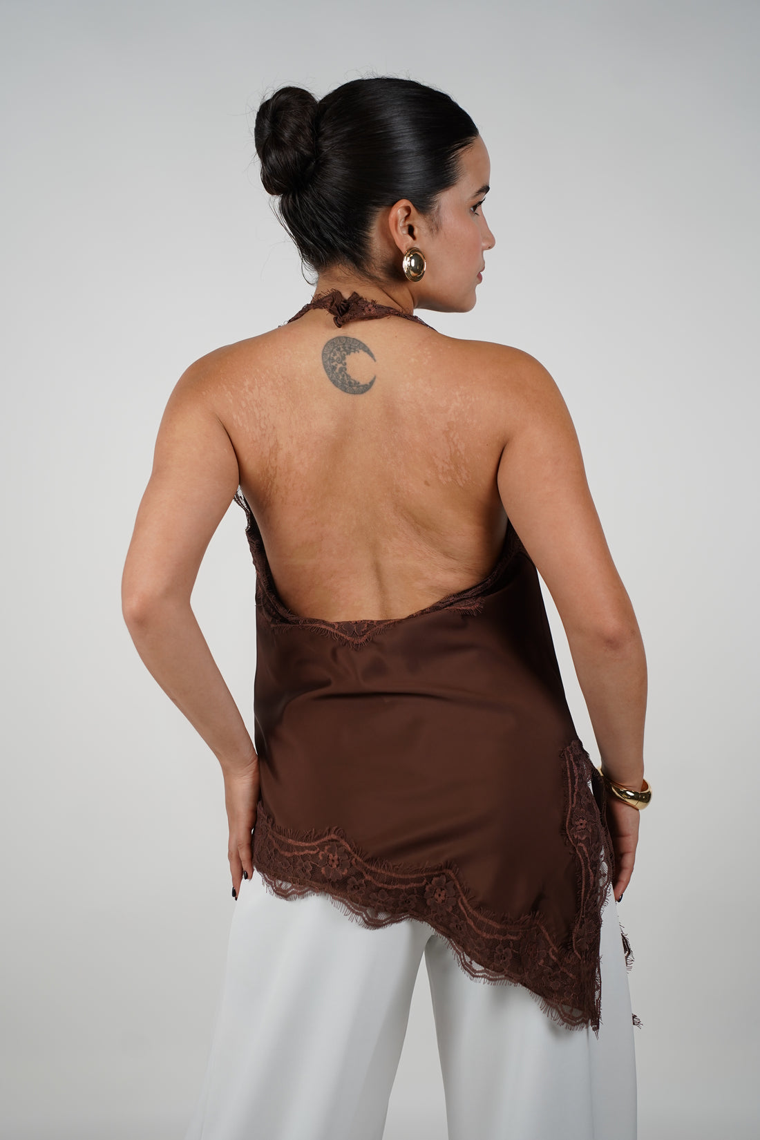 Faye Satin Top – Sleek Elegance with Delicate Lace Trim