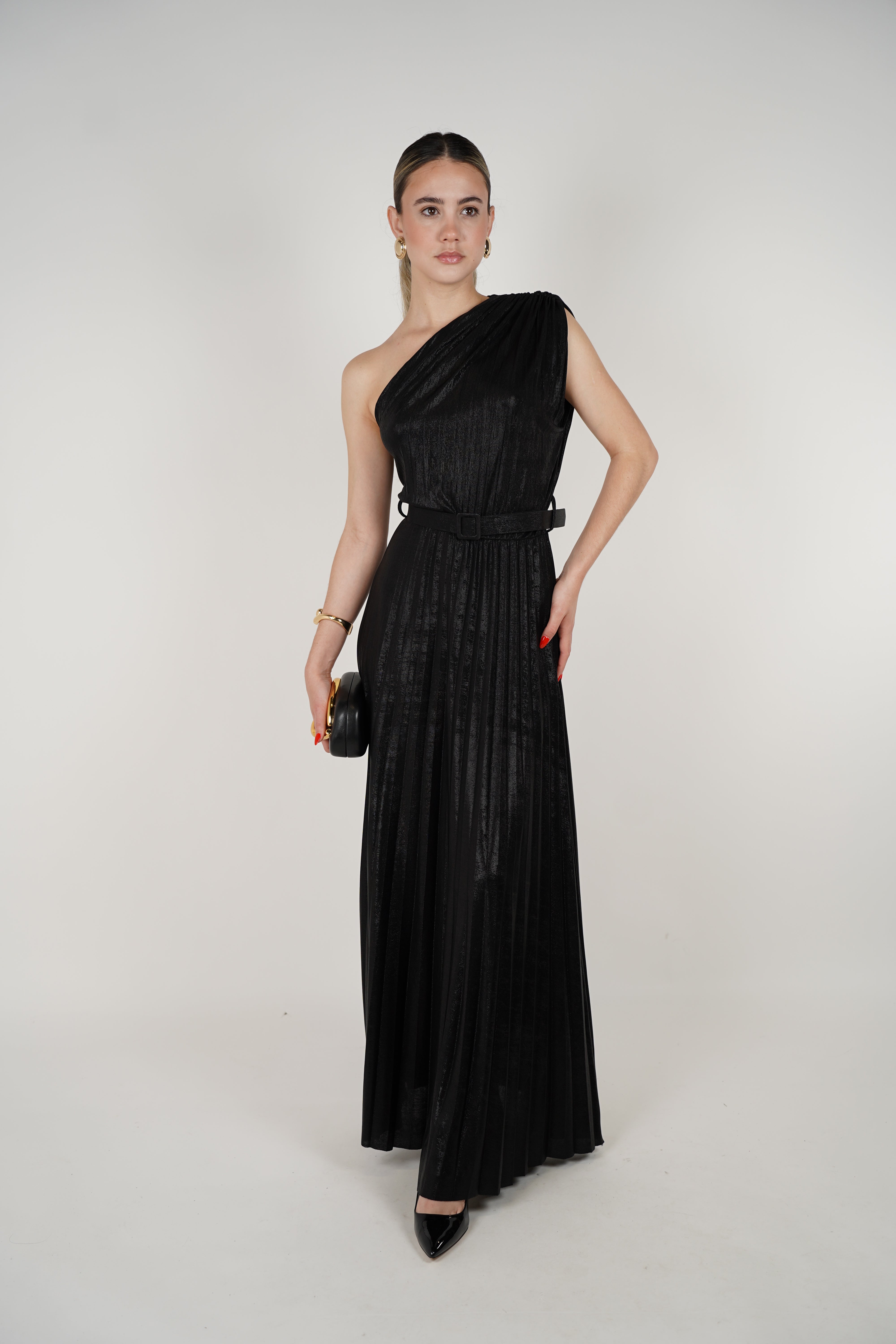Mavis Laminated Dress – One-Shoulder Evening Elegance