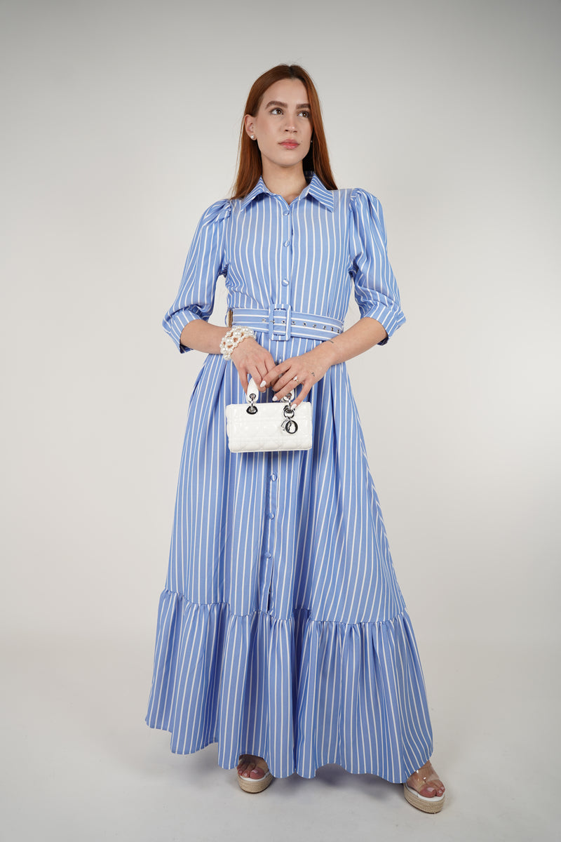 Ivonne Maxi Dress – Striped Sophistication with Belted Detail