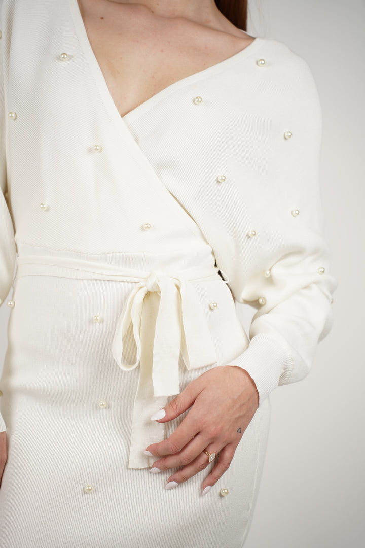 Alicia Sweater Dress – Pearl-Embellished Knit Wrap Dress