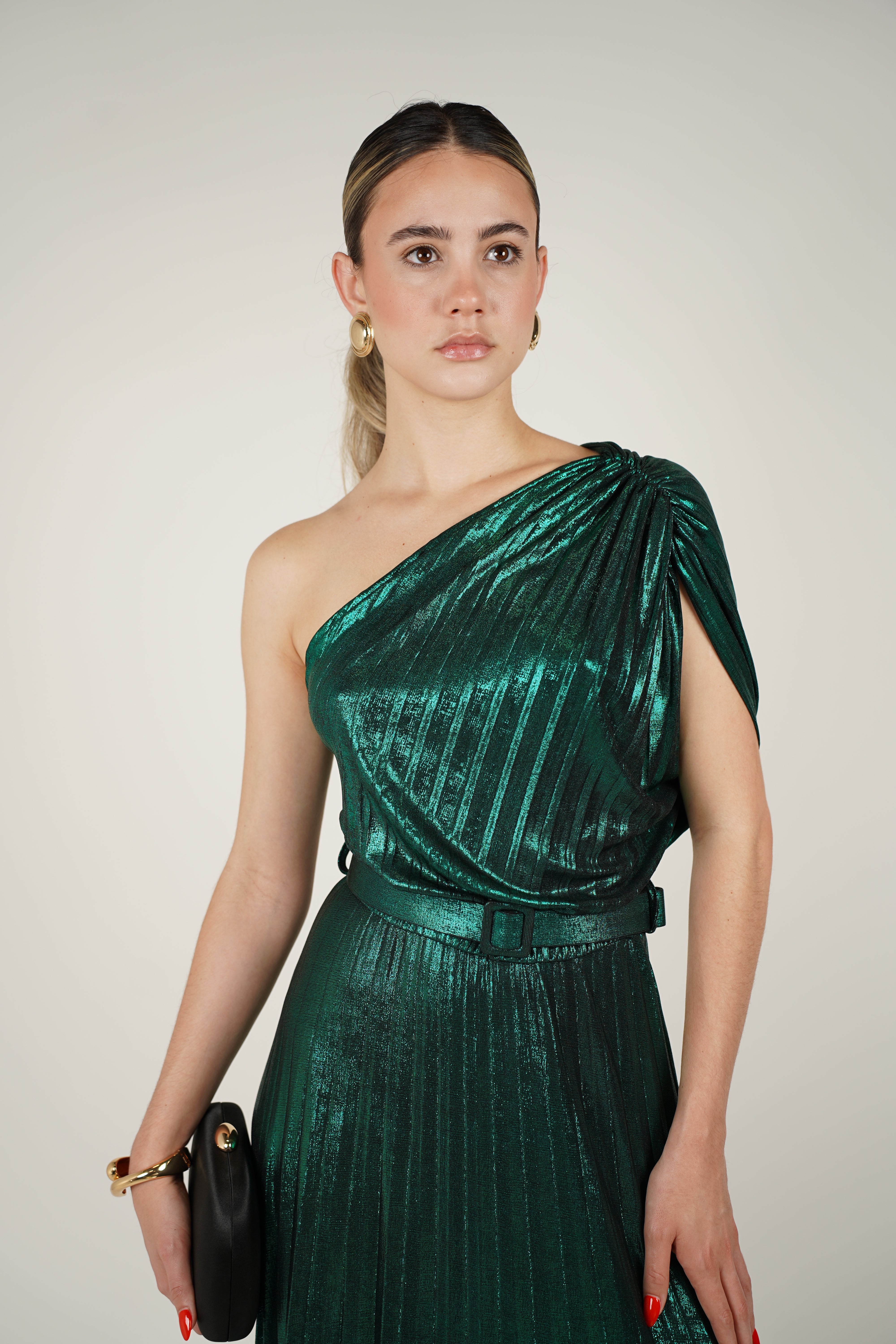 Mavis Laminated Dress – One-Shoulder Evening Elegance